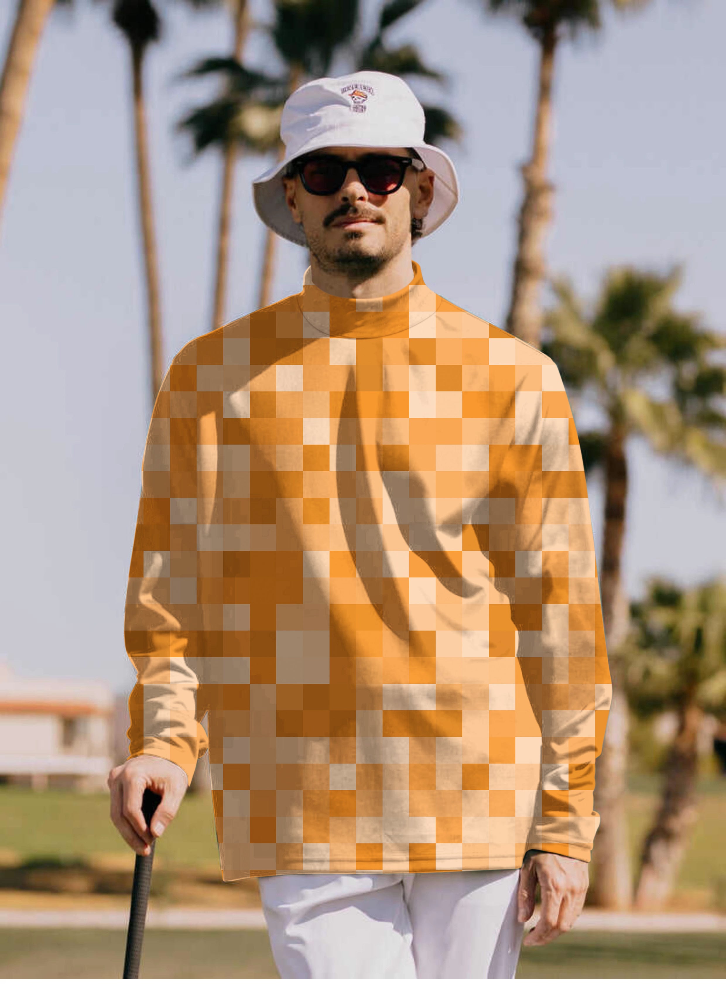 Men's Orange Pixel high neck pullover shirt with long sleeves outdoors