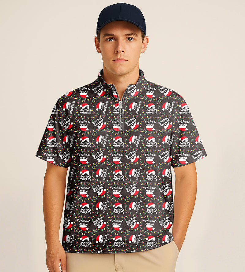 Man wearing half zipper turtleneck golf shirt with Christmas hat embroidery and festive pattern