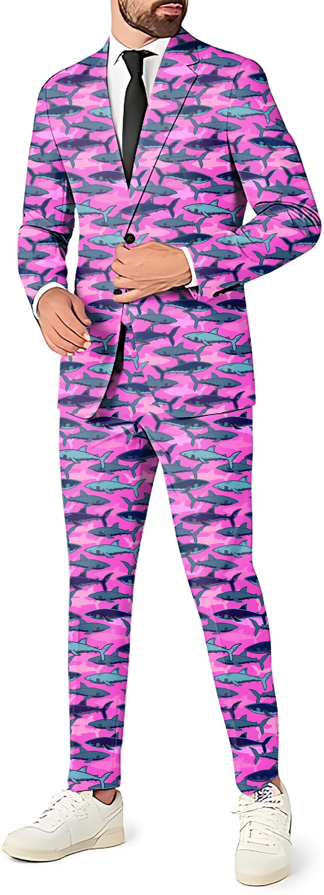 Electric Sharks Pink Men's party suit with blazer, pants, and vest in a shark pattern