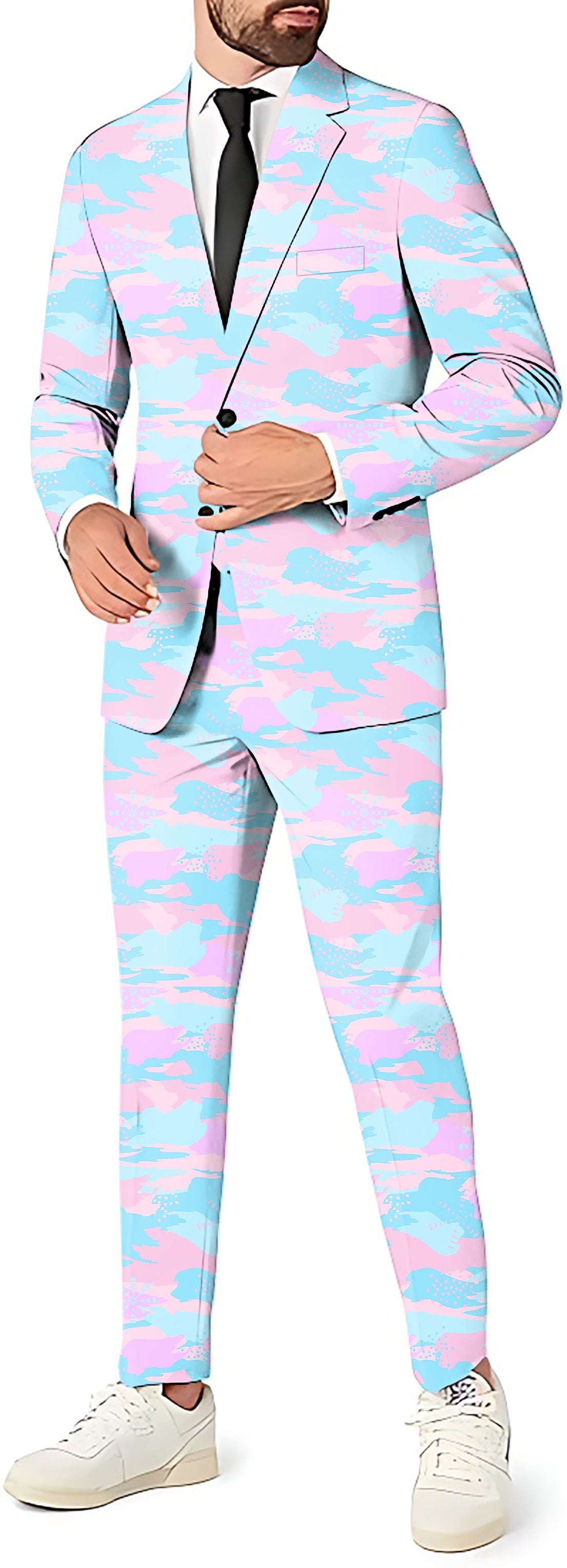 Pastel camo men's party suit set with blazer, pants, and vest in pink and blue tones