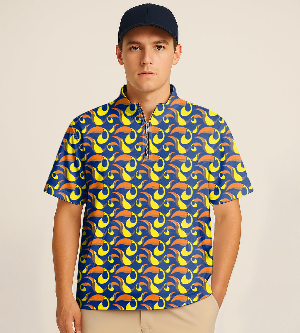 Man wearing colorful half zipper turtleneck golf short shirt with toucan embroidery pattern