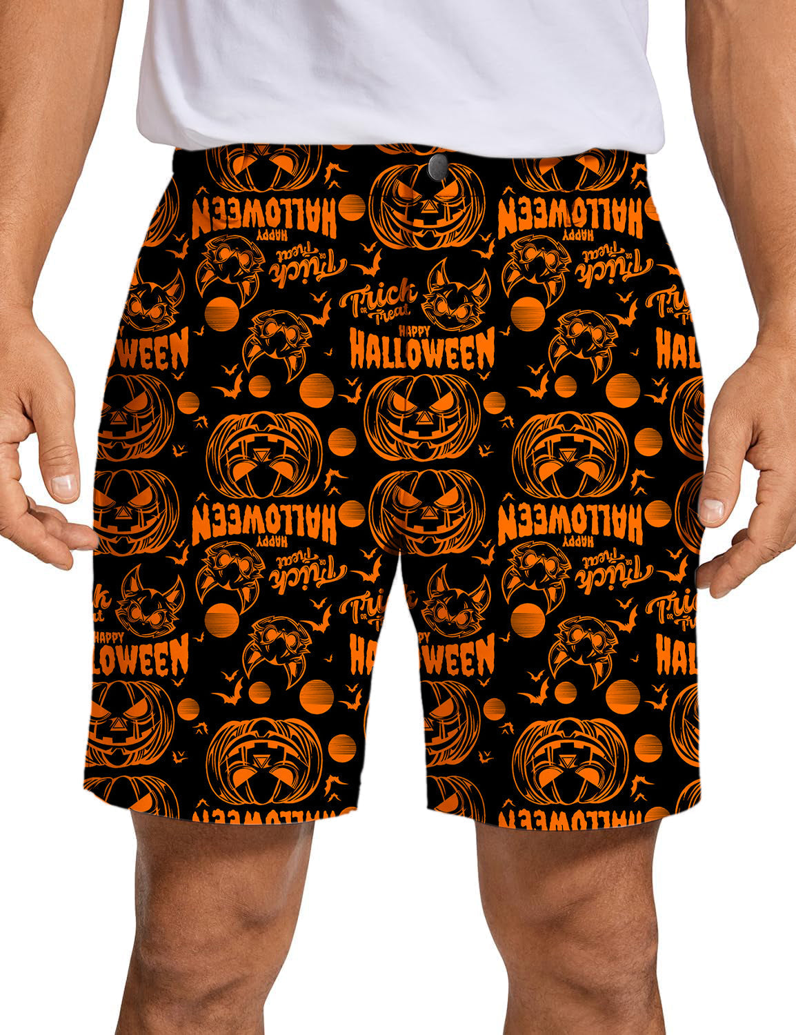 Men's Happy Halloween Pumpkin golf shorts with orange pumpkin and Halloween pattern on black background, quick-dry and lightweight fabric