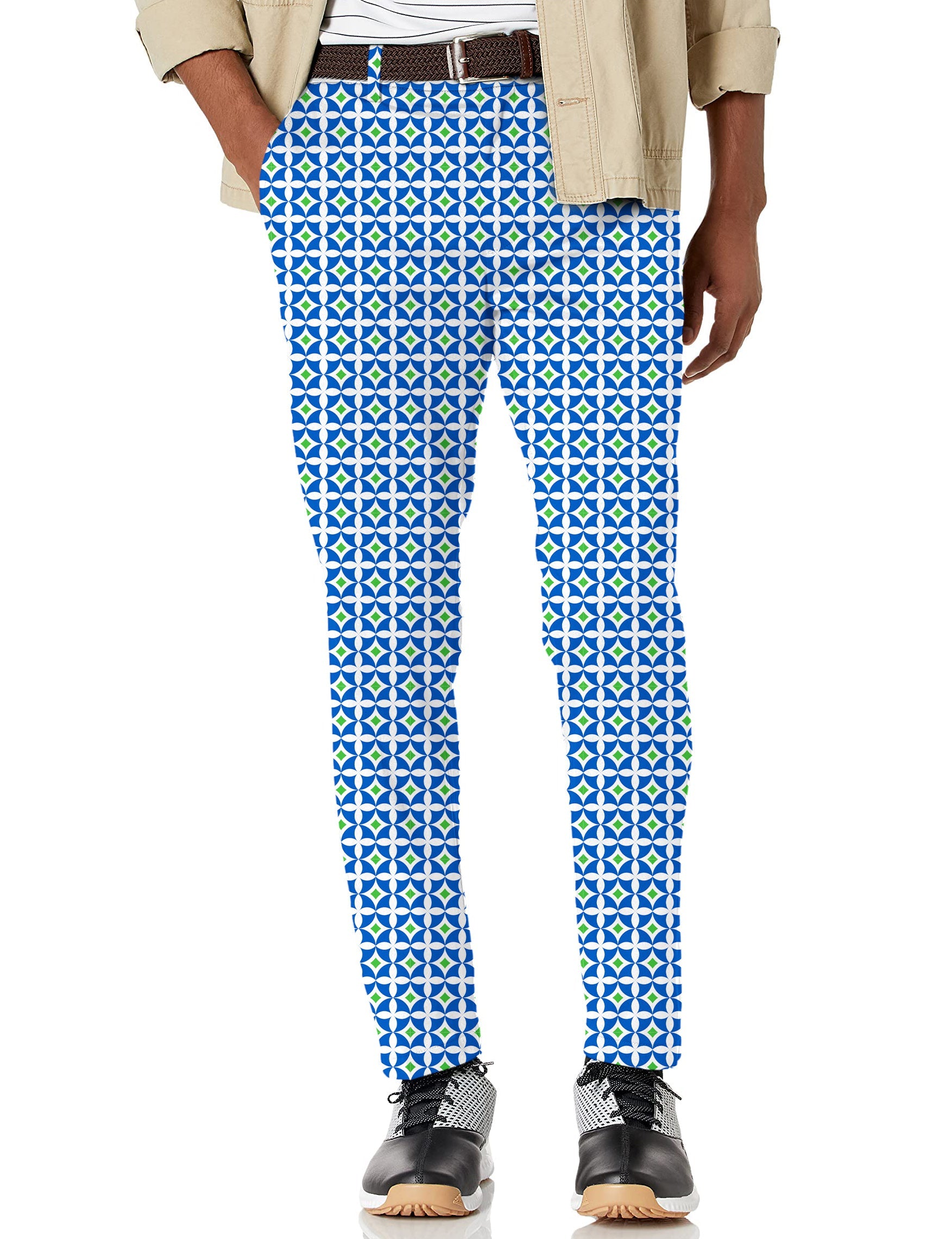 Men's blue-green diamond stretch golf pants with moisture-wicking, wrinkle-resistant fabric and active waistband