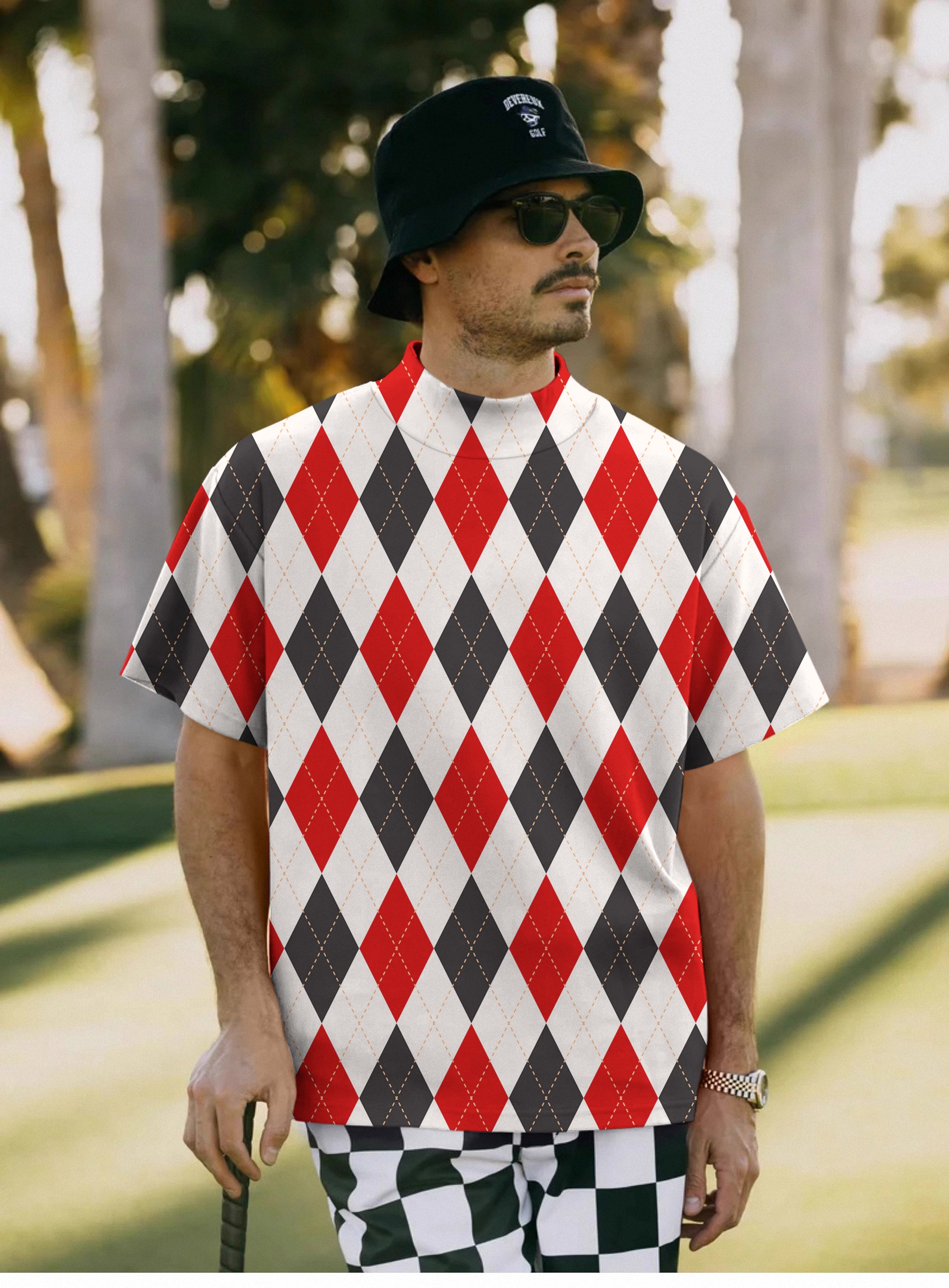 Men's Argyle Red black grid Pullover High neck Long/Short sleeve T-Shirt