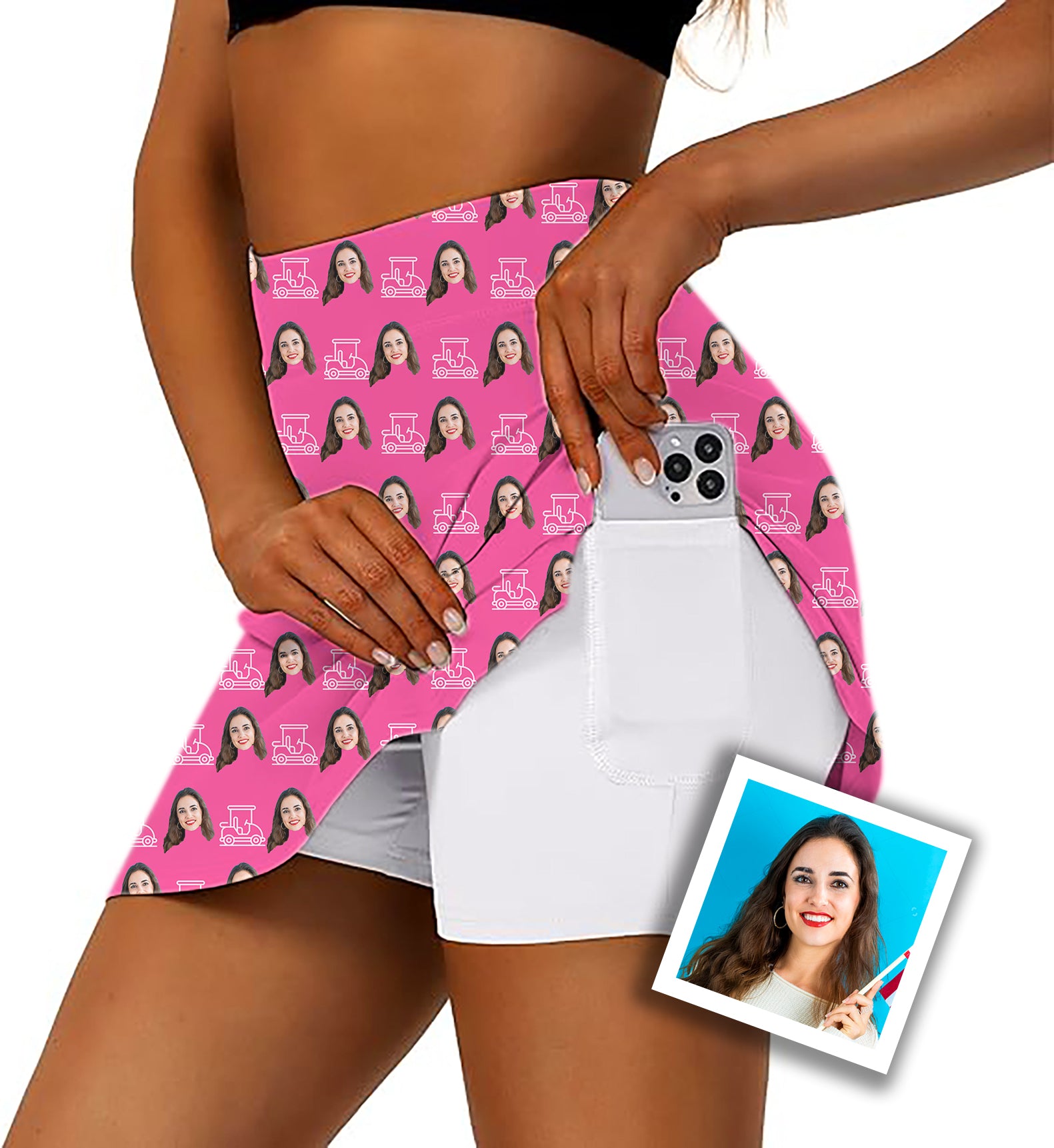 Custom Photo Funny Face Women's Golf Skirts Inner Shorts Pocket Gift