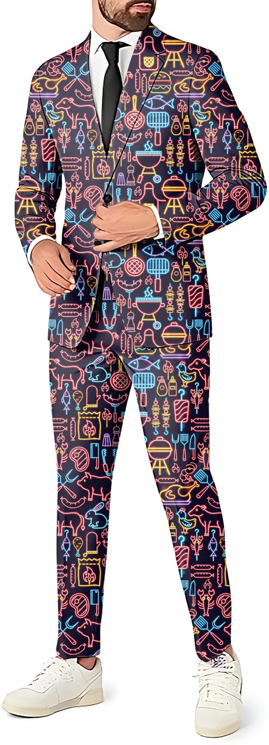 Neon BBQ men's party suit with blazer, pants, and vest featuring colorful barbecue-themed neon patterns.