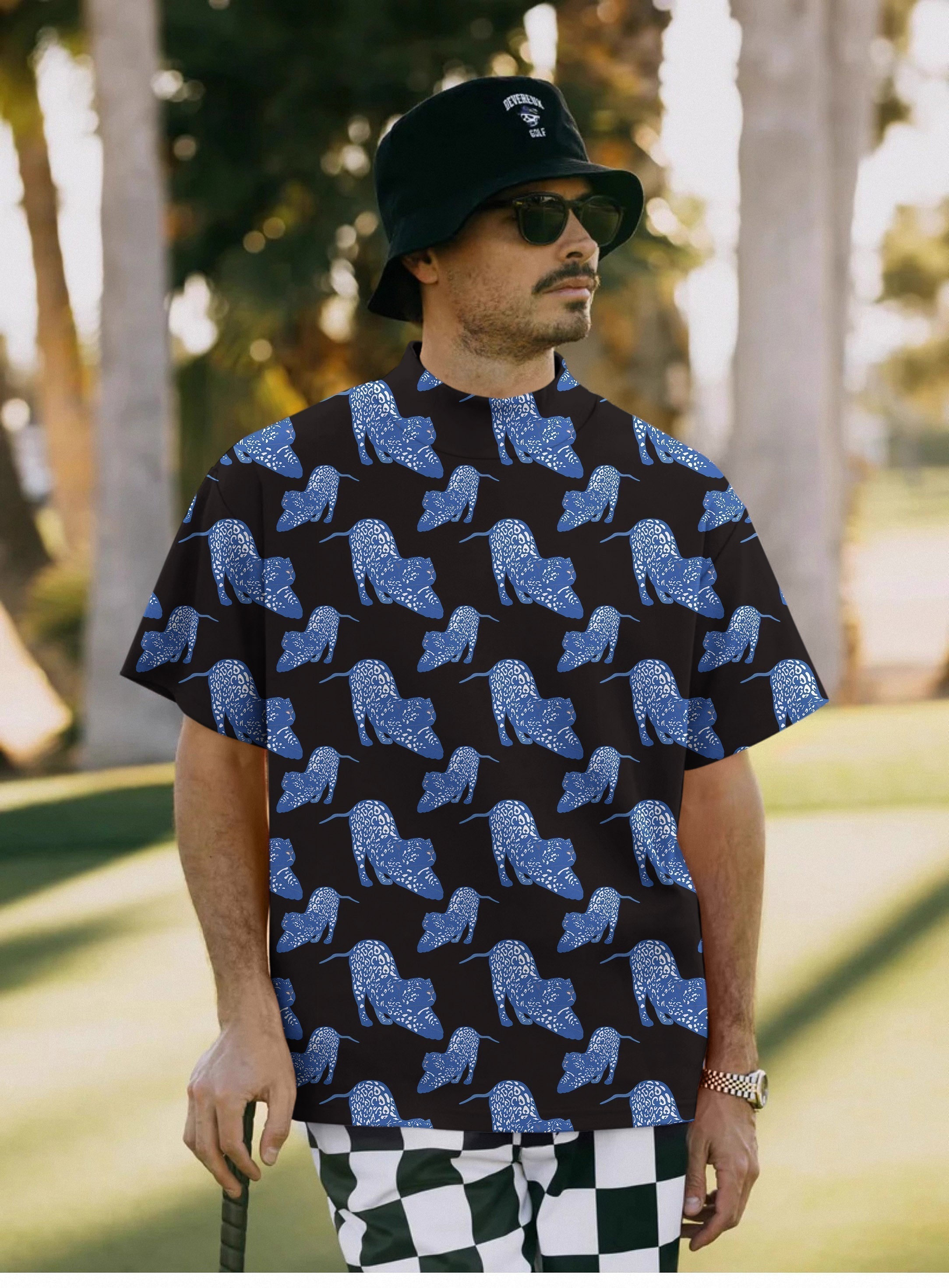 Men's Blue Jaguar Pullover High neck Long Short T-Shirt
