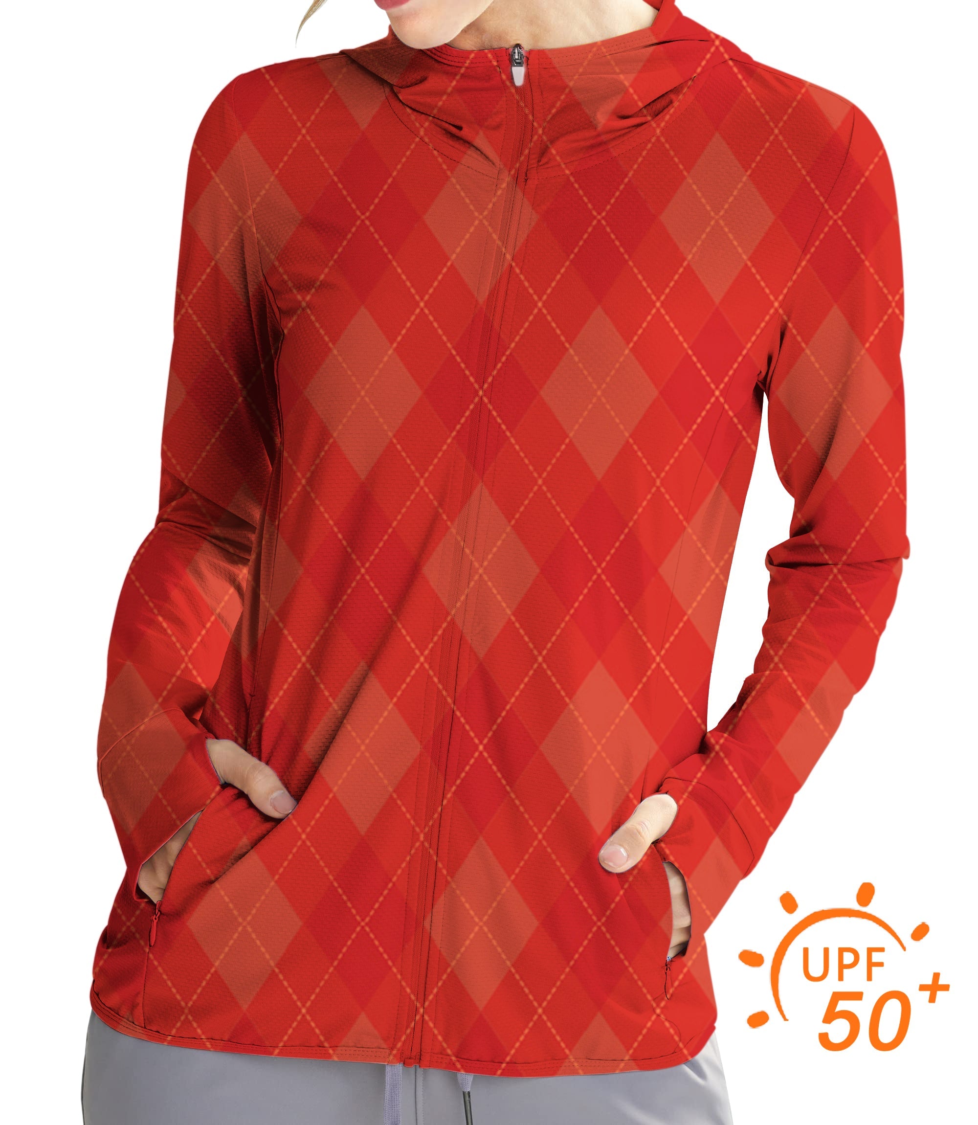 Women's outdoor red argyle sun protection slim fit zip hoodie with UPF 50+ and thumb holes