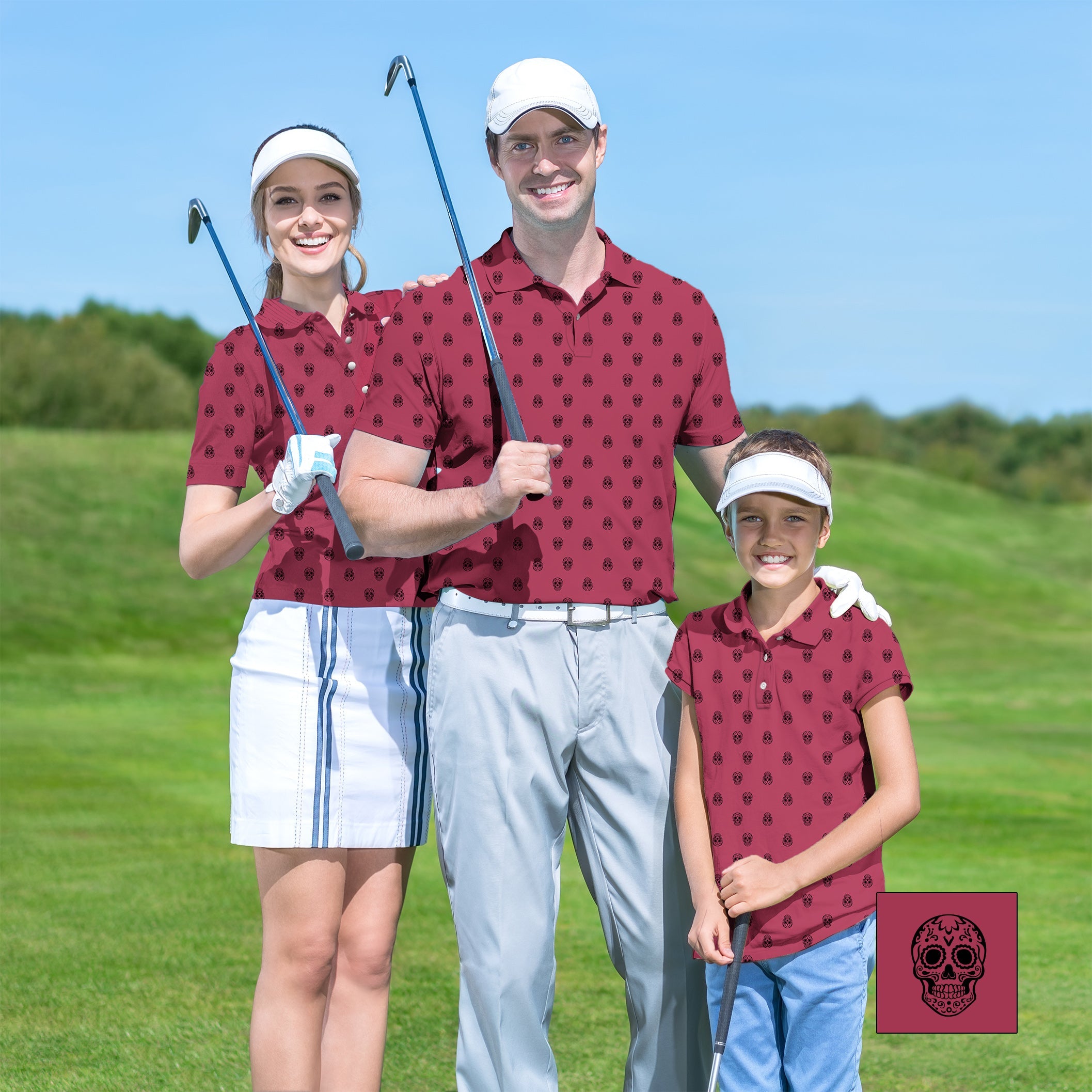 Family playing golf wearing matching red Family Skull custom polo shirts on golf course