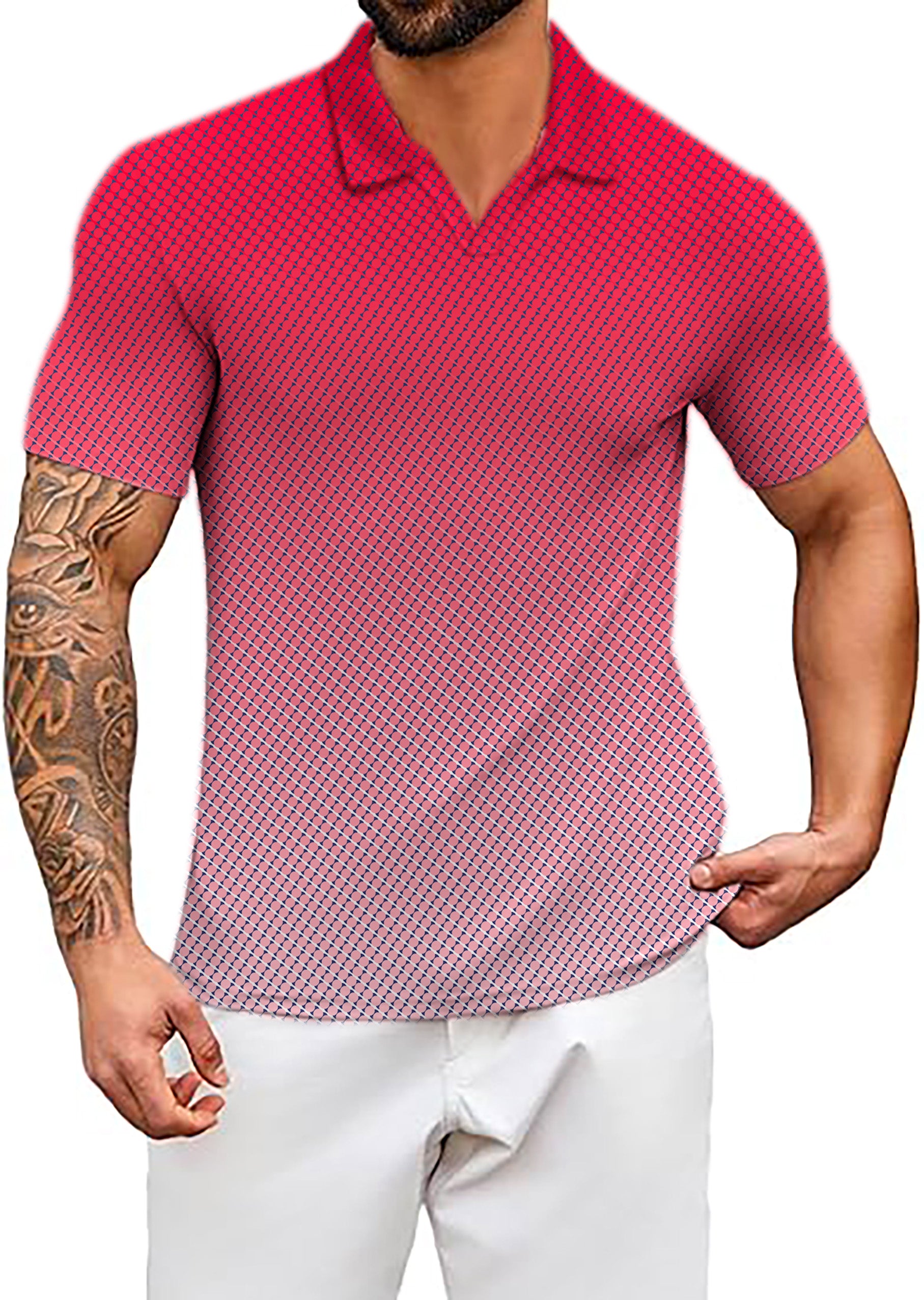 Men's Red Gradient V Neck Golf Polo Shirts
