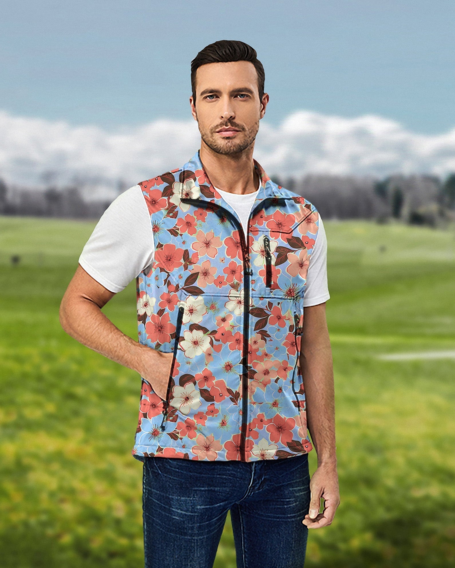 Men's light tropical flowers softshell vest sleeveless jacket for golf outdoors