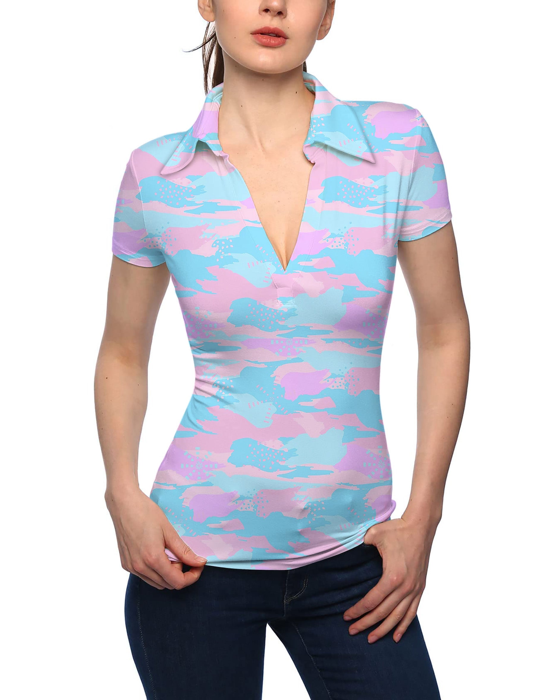 Women's Pastel Camo V Neck Golf Polo