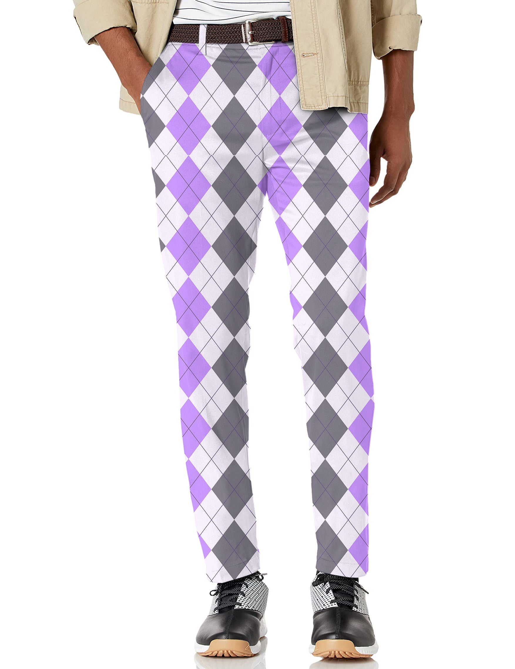 Men's purple grey argyle stretch golf pants with moisture-wicking fabric and active waistband