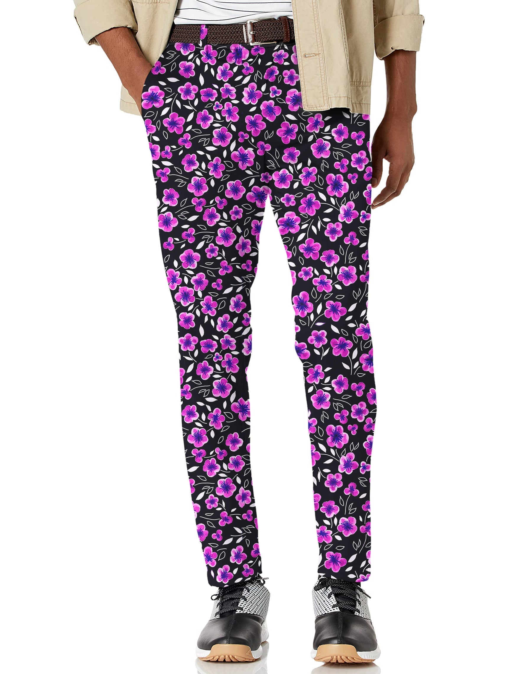 Men's floral golf pants with pink flowers, lightweight stretch fabric, moisture-wicking, wrinkle-resistant, and active waistband for comfort.