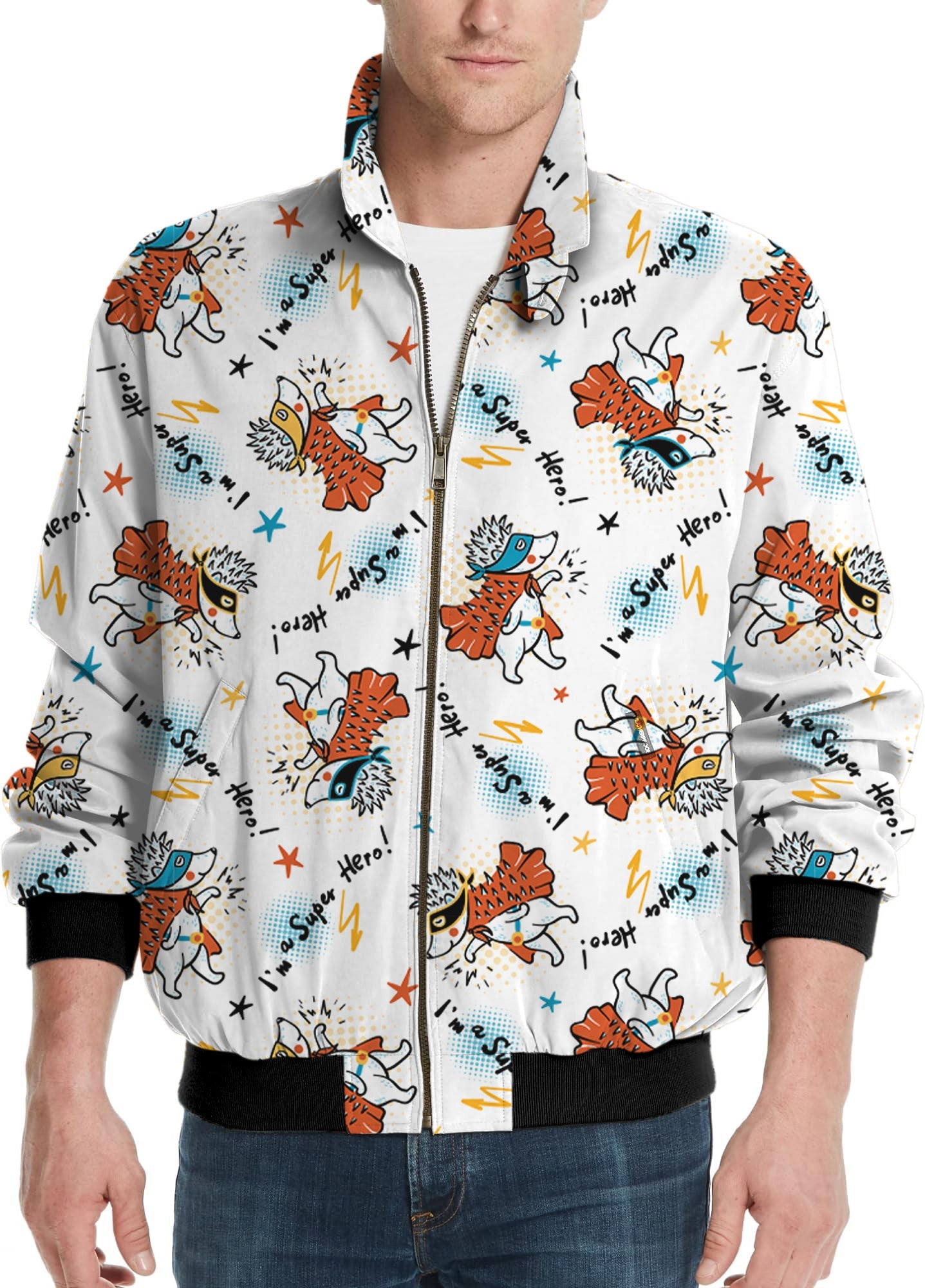 Handsome Hedgehog men's golf windbreaker jacket with colorful cartoon print and zip front