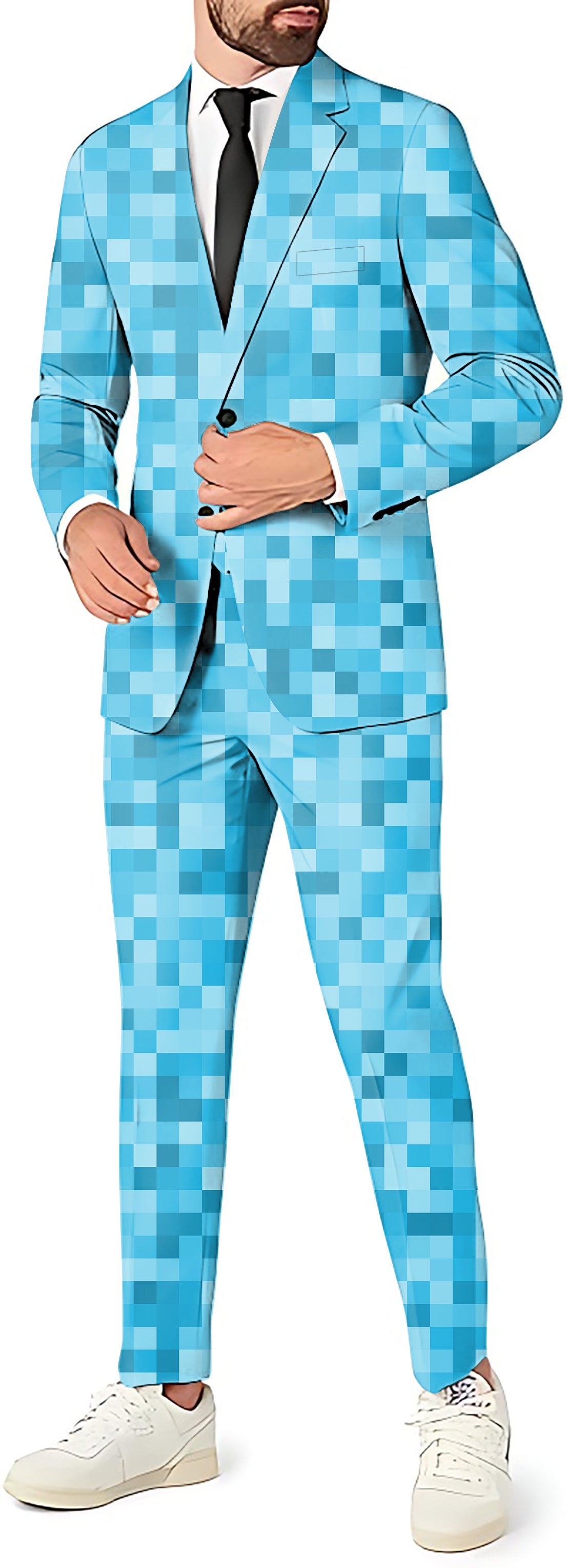 Blue Pixel Big Men's Party Costume 3-piece suit with blazer, pants, and vest in pixel pattern
