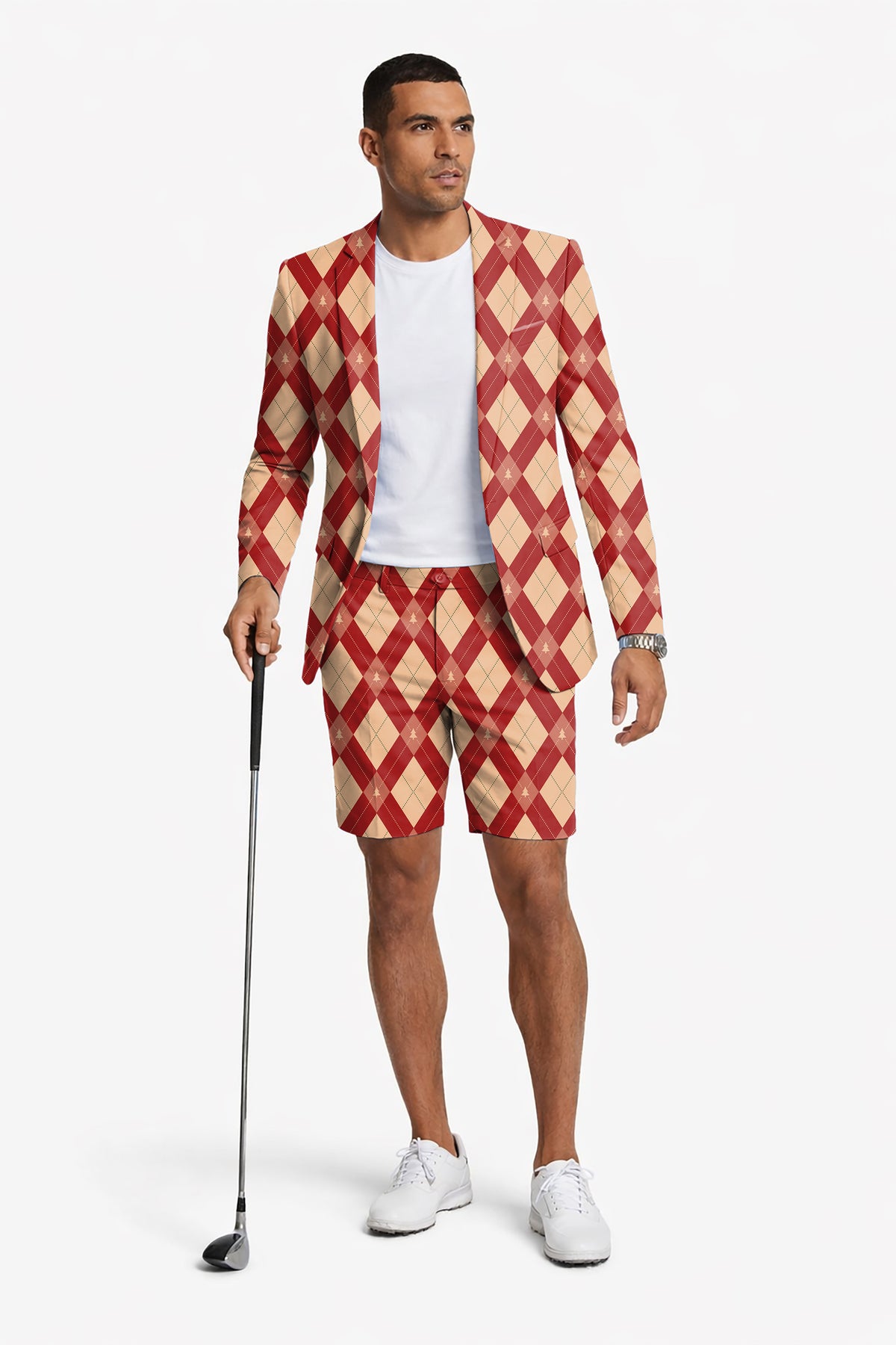 Red and yellow diamond-patterned Christmas tree Men's Party Costumes-Theme Party 2pcs Suit set-Blazer Shorts