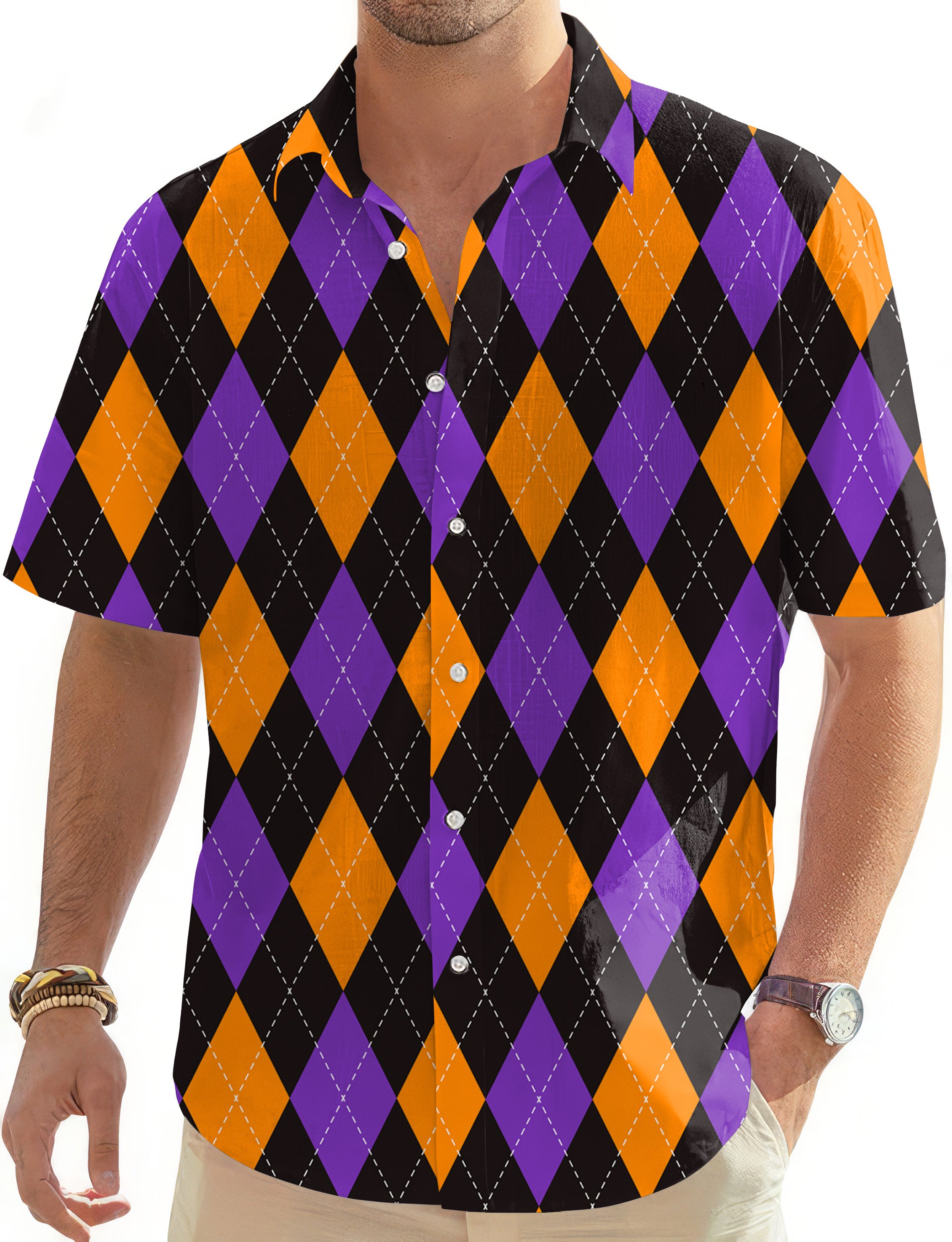 Orange purple and black argyle-Men's Golf Hawaiian Shirts Button Down Shirt