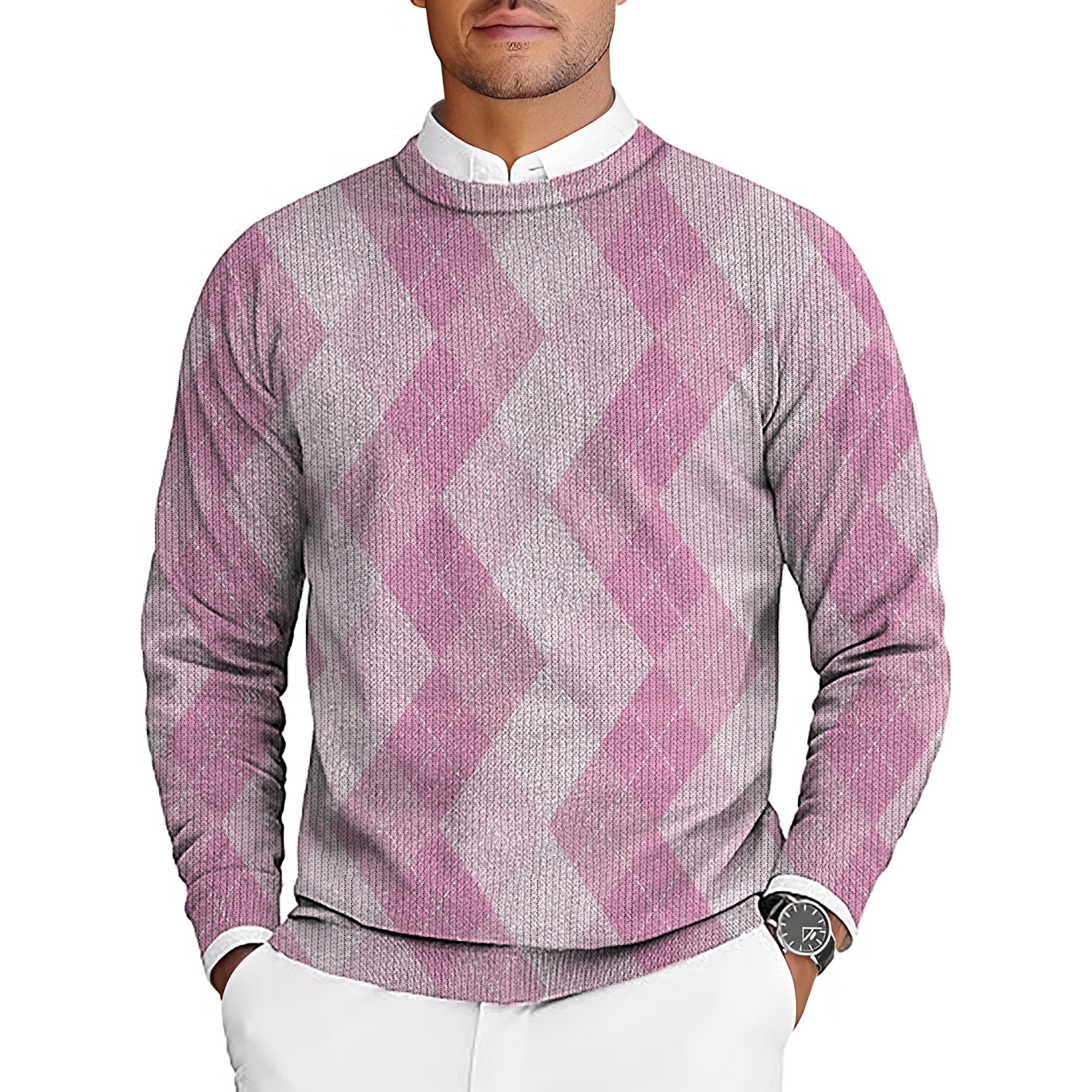 men's pink Argyle golf crewneck pullover sweater with custom options