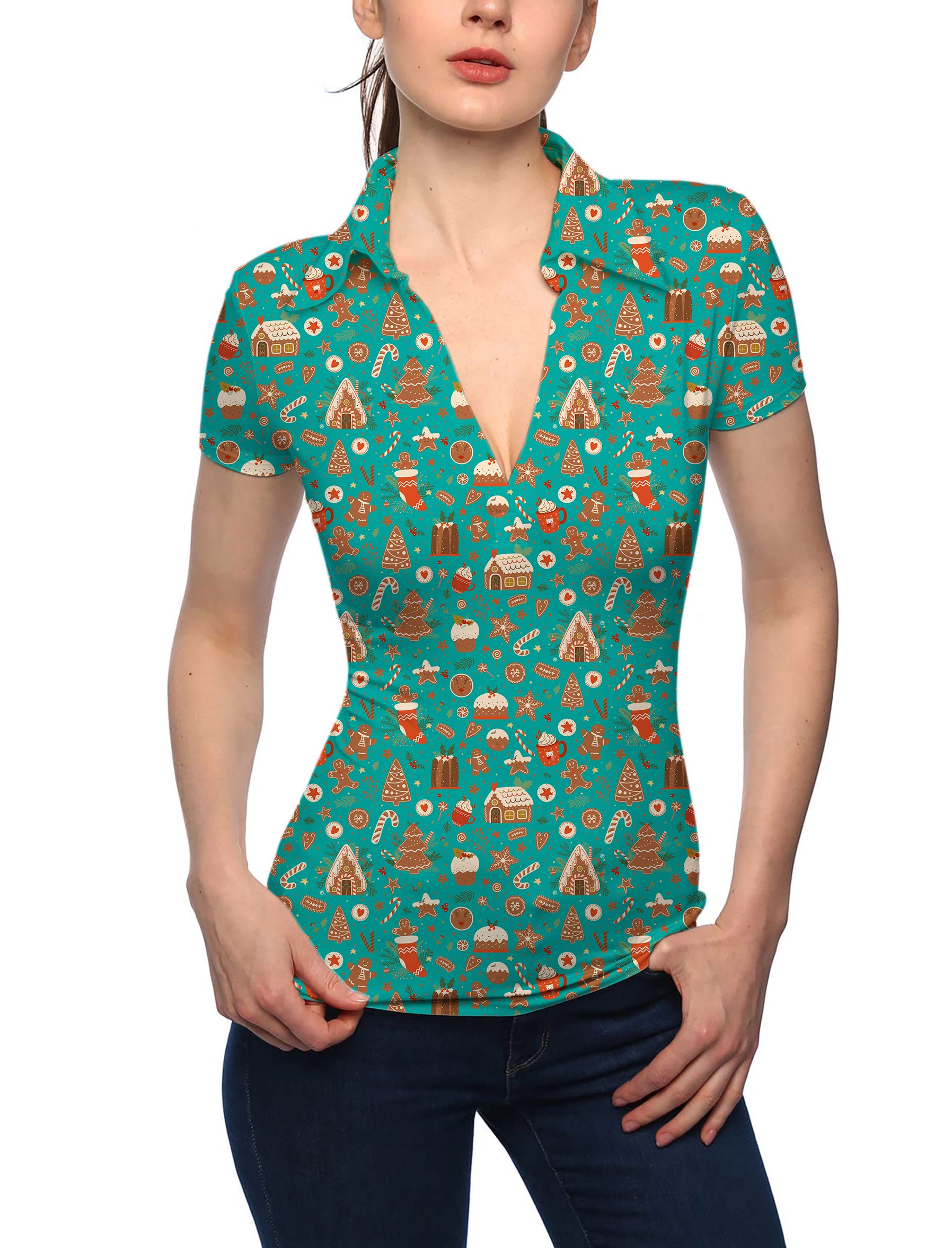 Women's Green Christmas Candy House V Neck Golf Polo