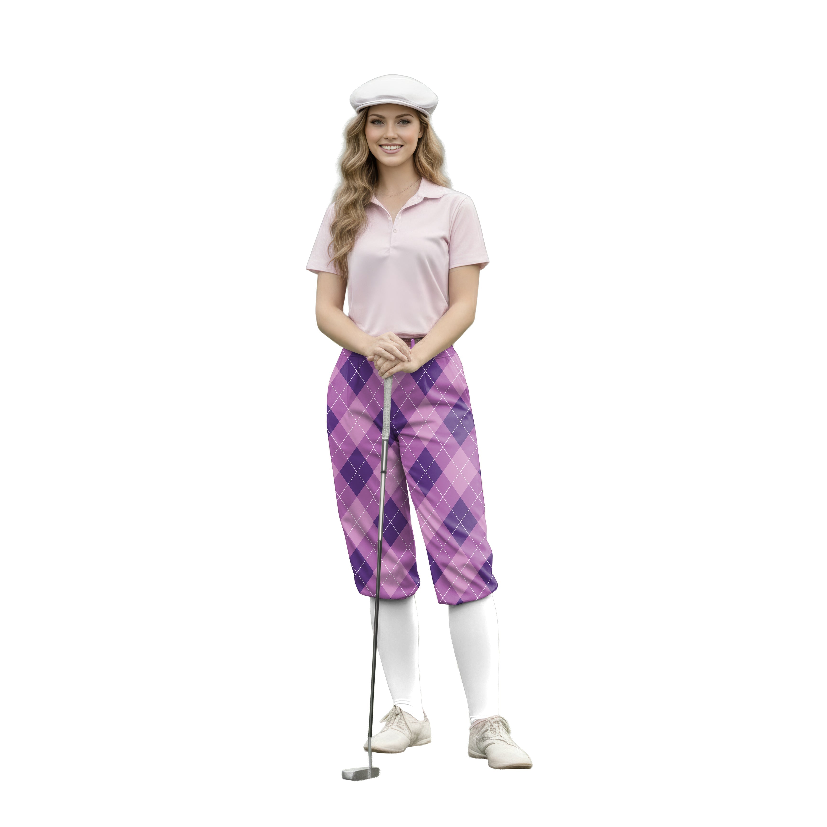 woman wearing purple argyle womens golf knickers with pink polo and white cap holding golf club