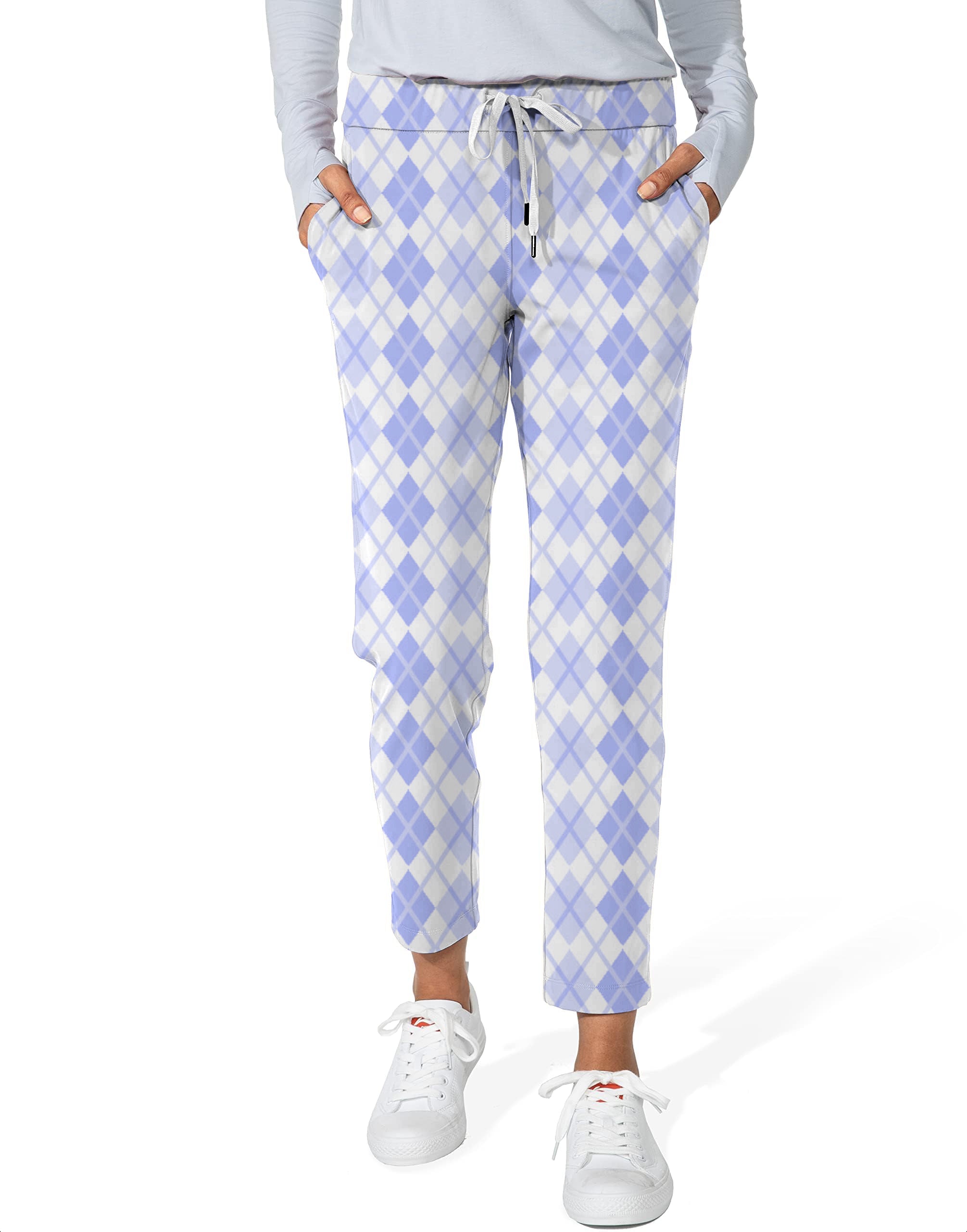 Women's 7/8 stretch ankle golf pants with argyle purple grid pattern and drawstring waist