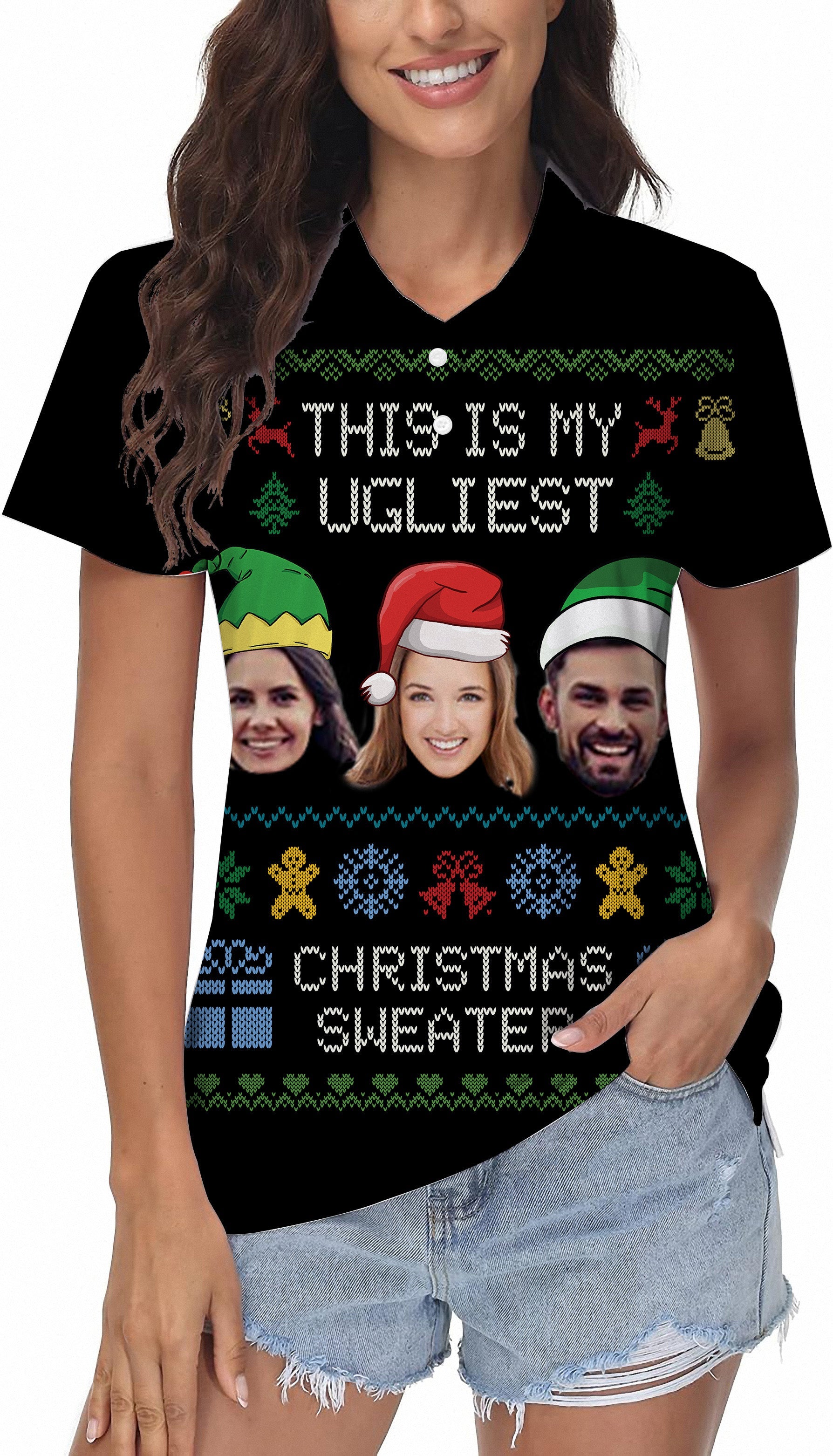 Black-Christmas Custom face women's golf polo with personalized photo and festive holiday design