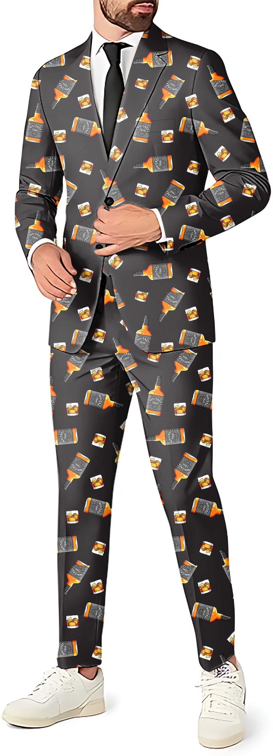 Whiskey 1866 men's party suit set with blazer, pants, and vest featuring whiskey glass print