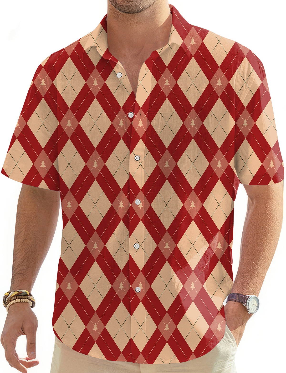 Red and yellow diamond-patterned Christmas tree Men's Golf Hawaiian Shirts Button Down Shirt