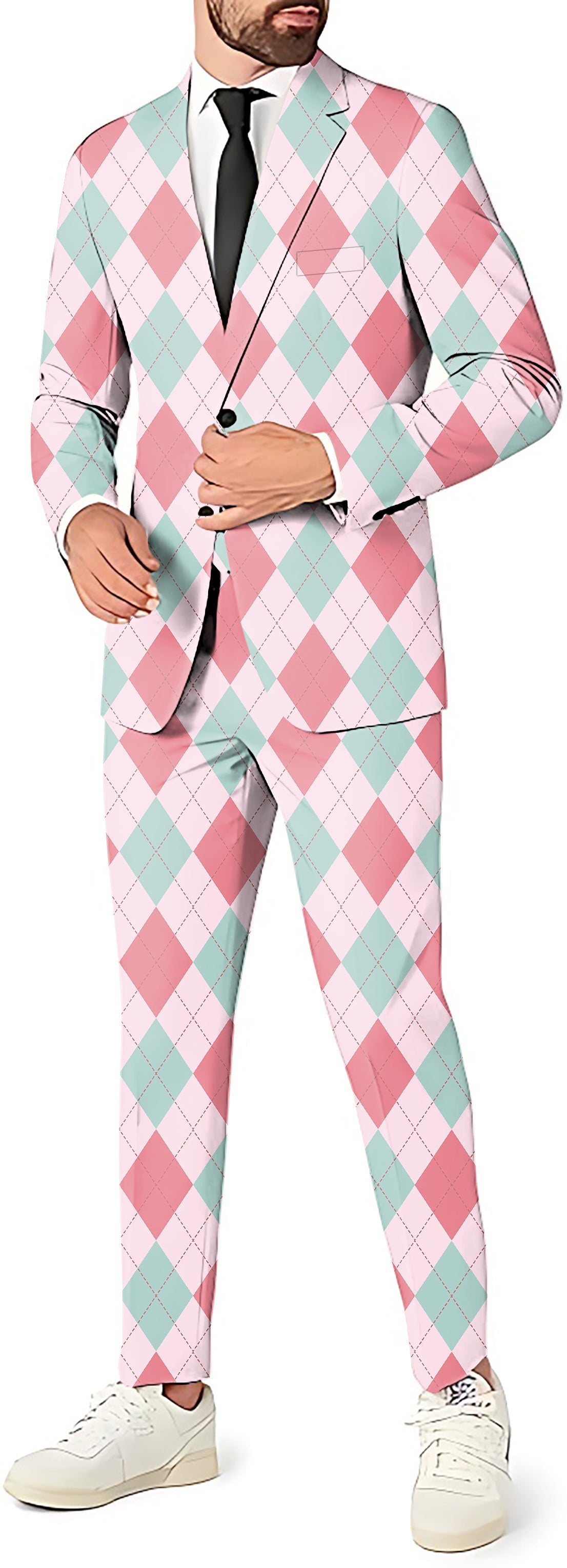 Men's pink Argyle blazer, vest, and pants party suit set