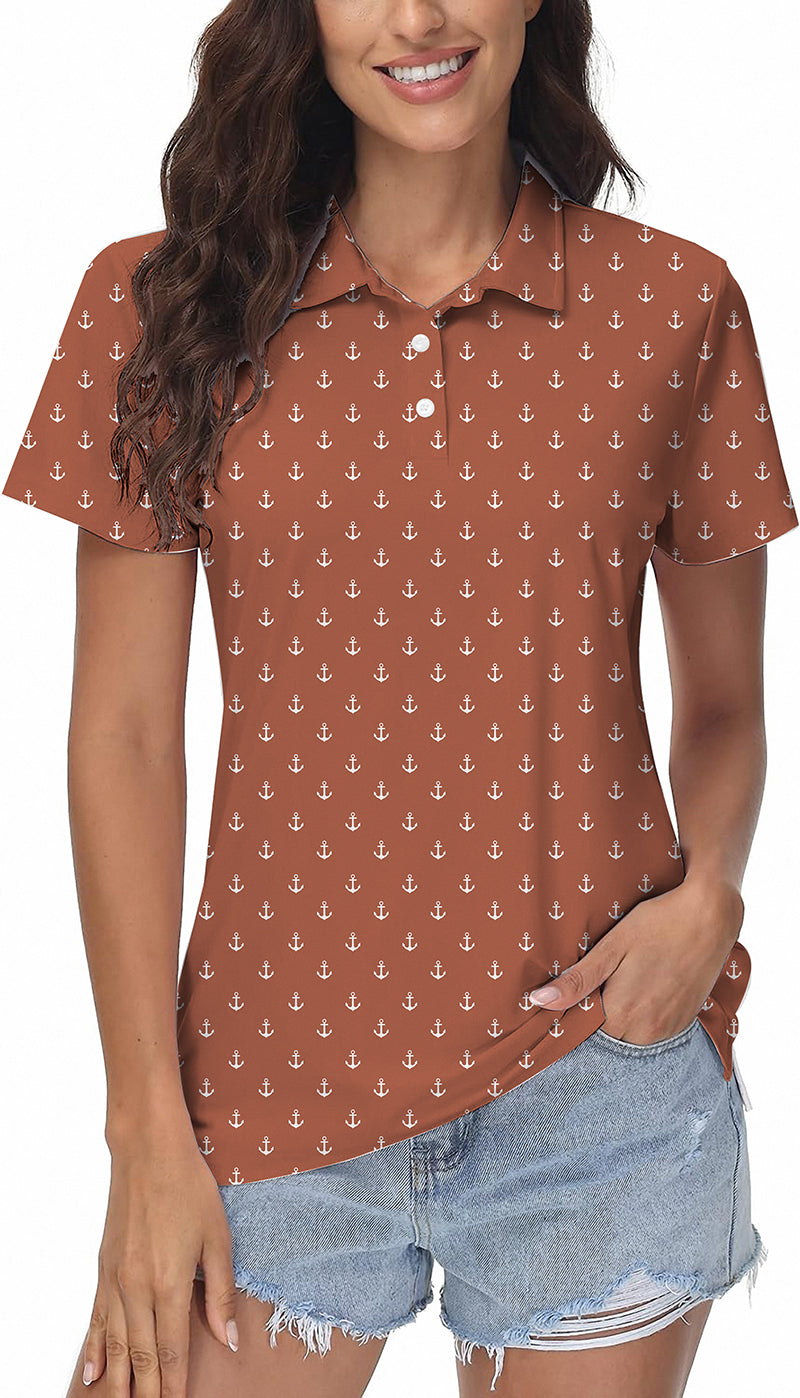 Dark Orange Anchor Women's Golf Polo shirt with white anchor pattern, short sleeves, and classic fit on female model