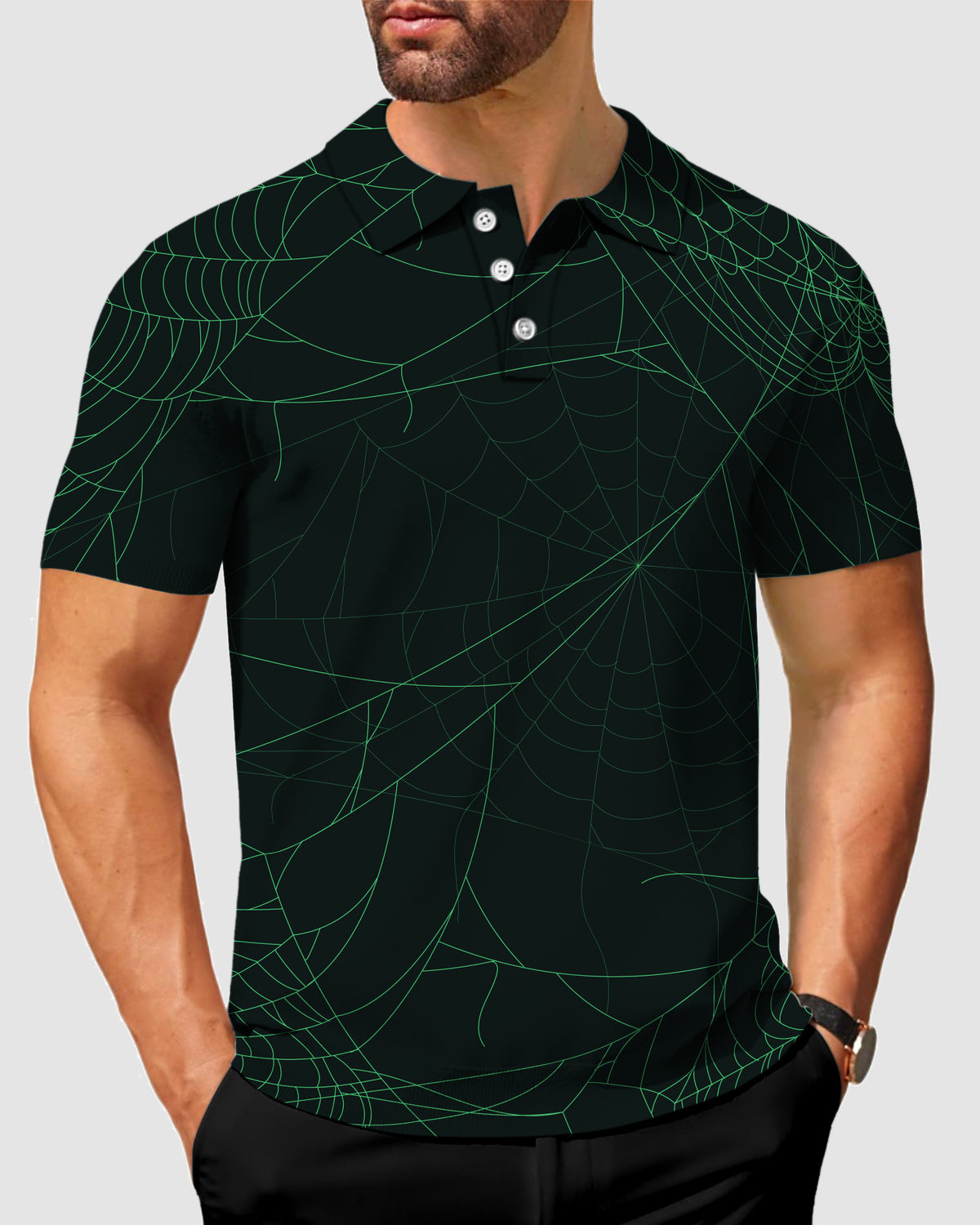 Men's Halloween Green Spiderweb Polo