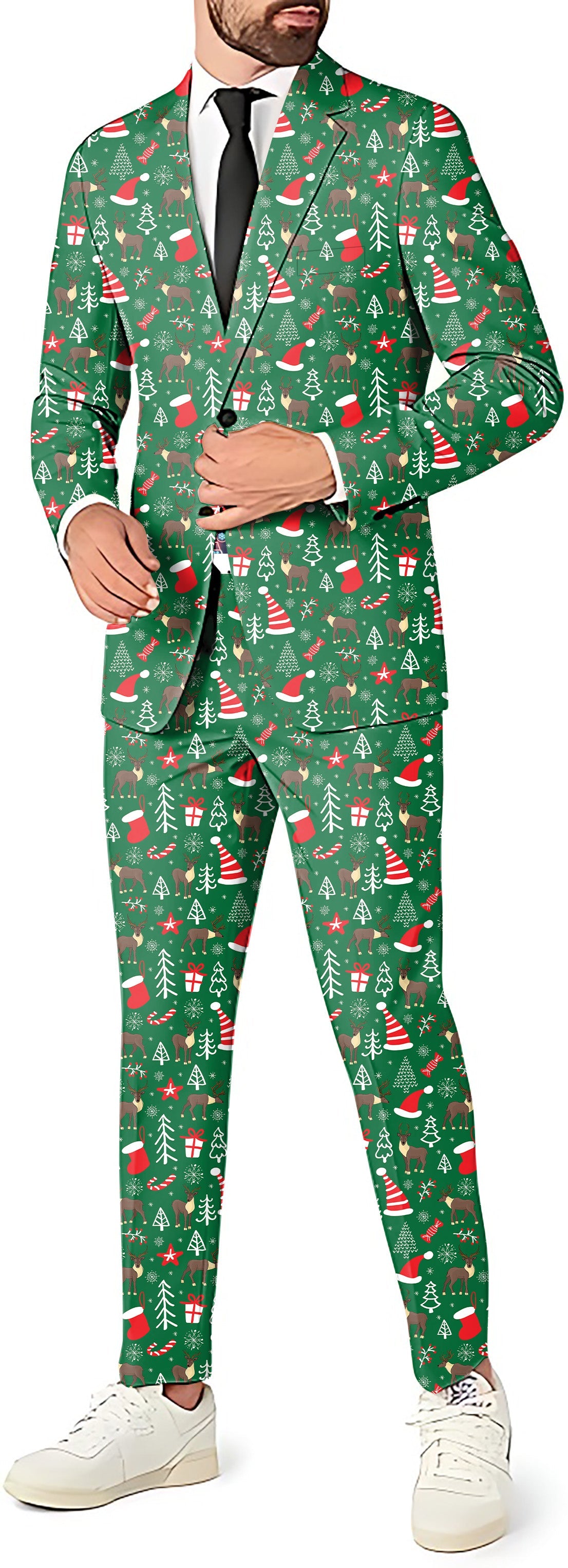 Men's Elk Deer Christmas party suit with blazer, pants, and vest in festive green pattern