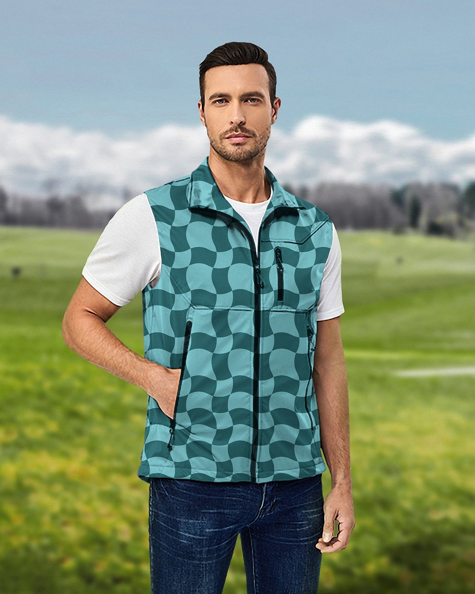 Men's Wavy SquareTanjirou green lightweight softshell vest for golf, windproof and waterproof sleeveless jacket