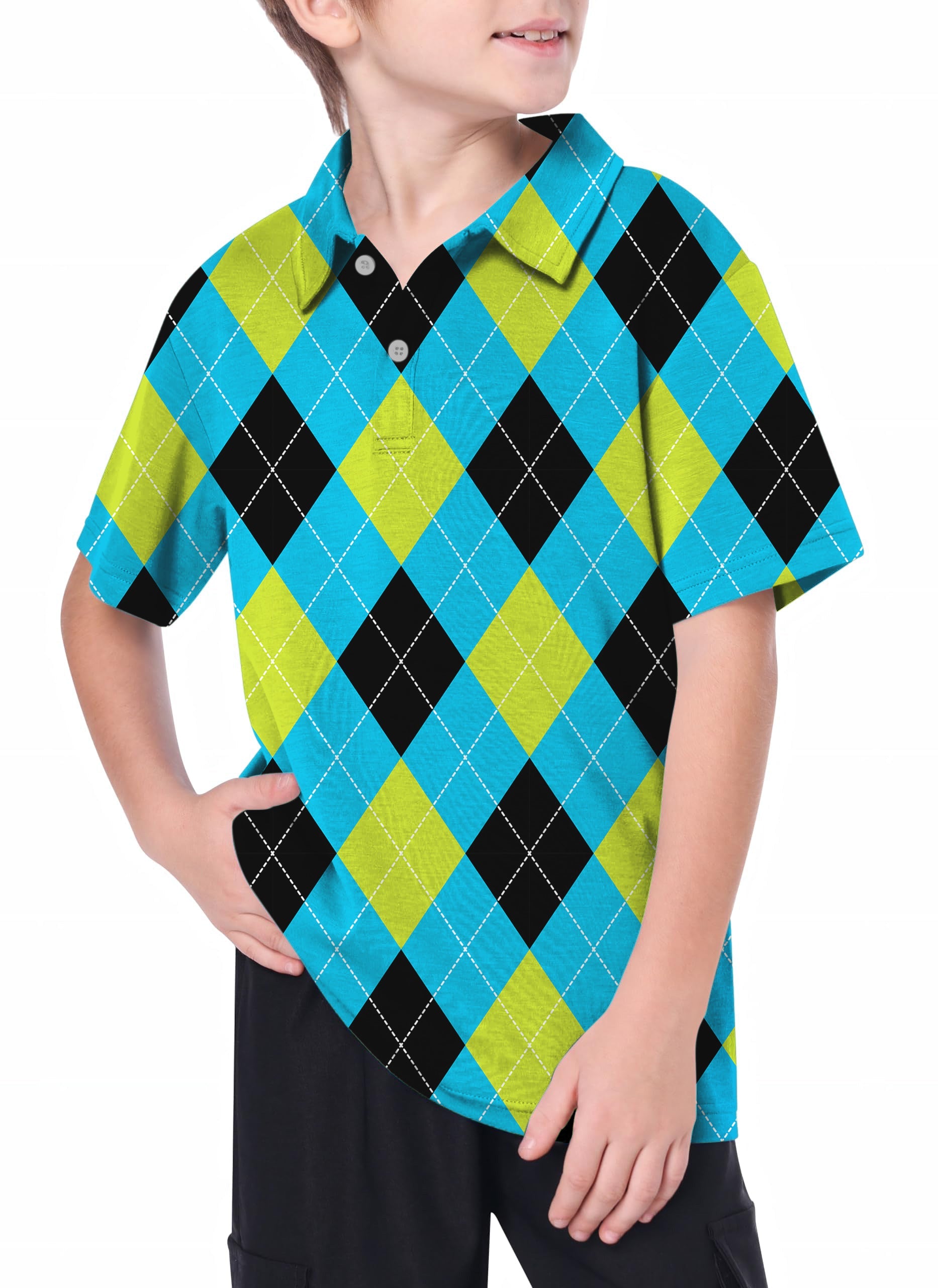Youth Halloween black green blue white argyle golf polo on a kid with short sleeves and button collar