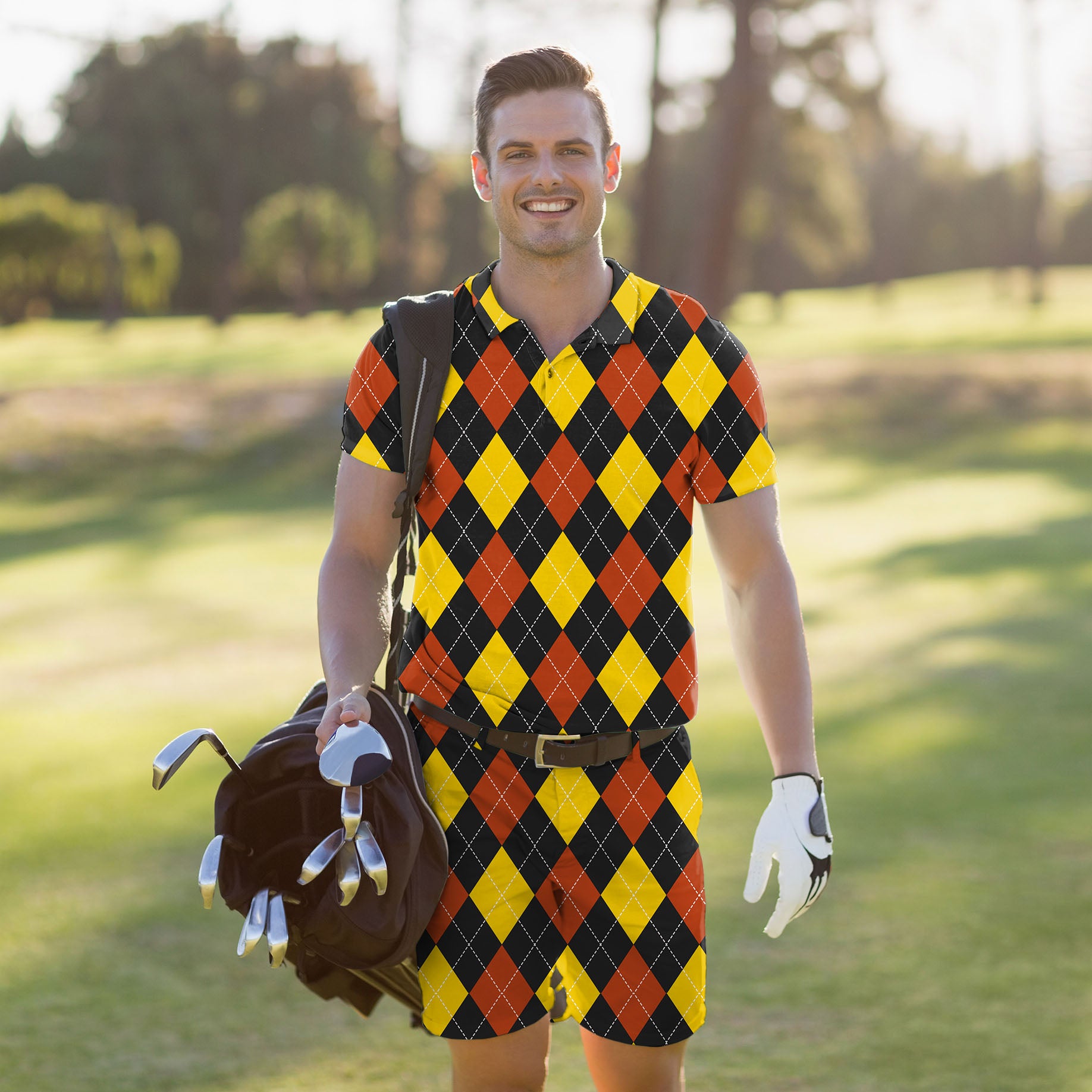 Men's Golf Set Polo+Shorts red Argyle