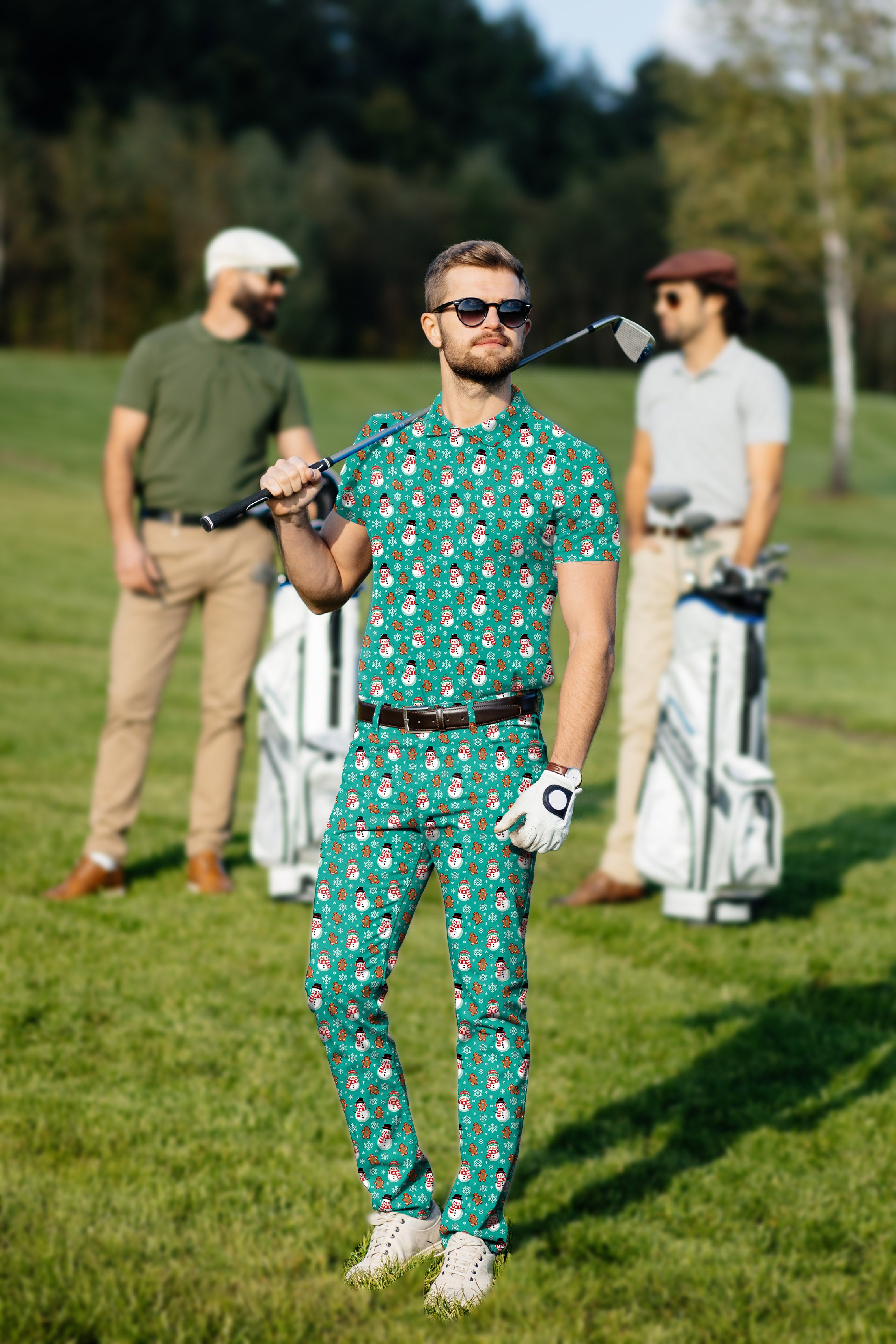Men's Golf Set Polo+Pants Gingerbread Snowman Blue Christmas