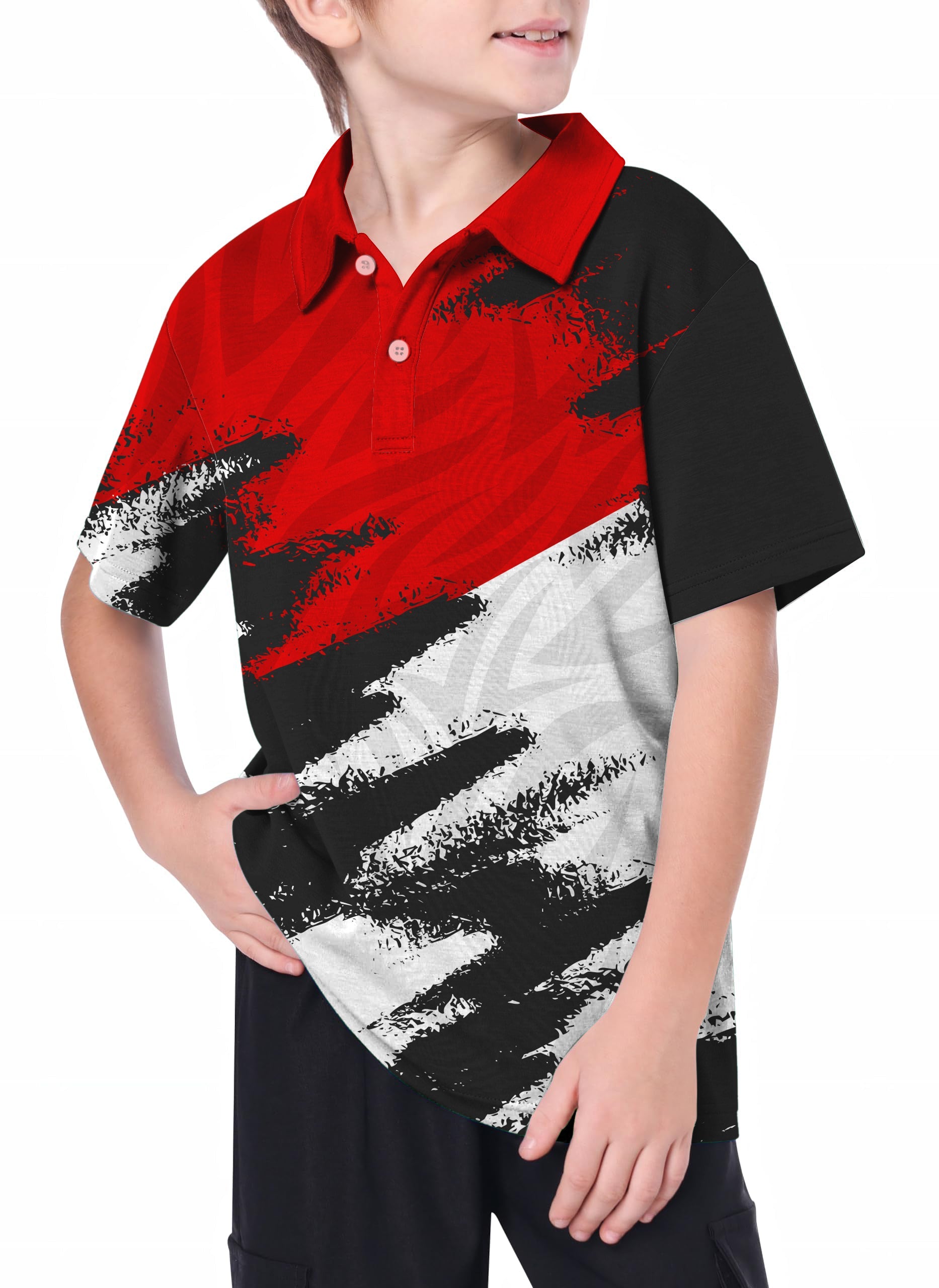 Youth golf polo with red, black, and white abstract design, 4-way stretch, moisture-wicking, and UPF 40+ protection.