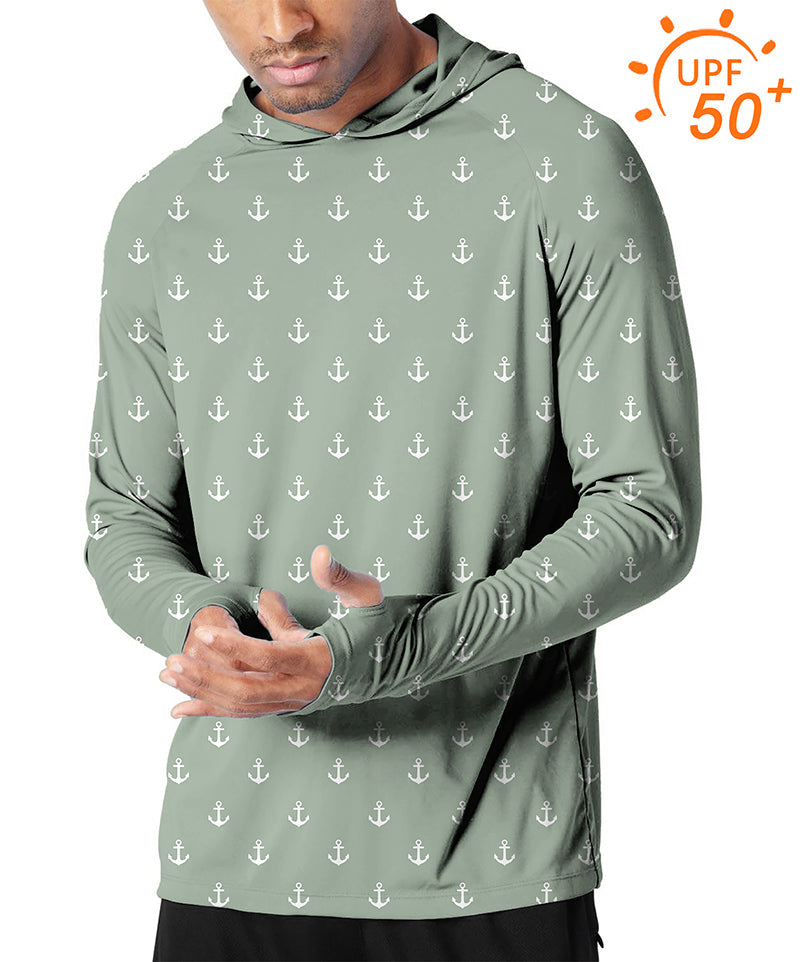 Men's outdoor light green anchor print sun protection slim fit hoodie with UPF 50+ protection