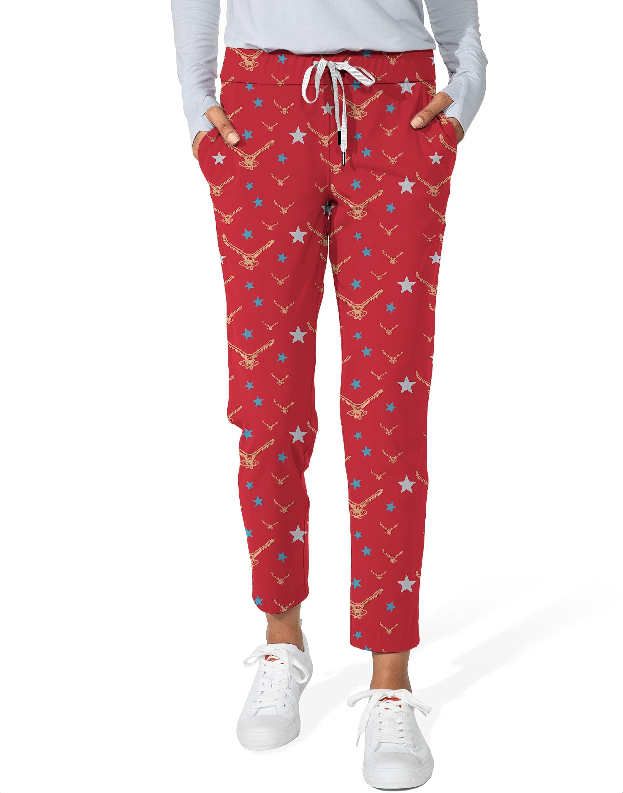 limited edition women's 7/8 stretch ankle golf pants with star eagle pattern in red