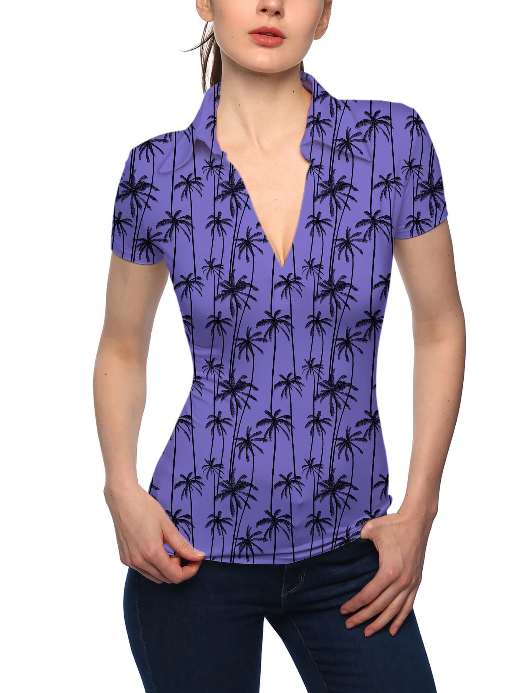 Women's Black coconut tree V Neck Golf Polo