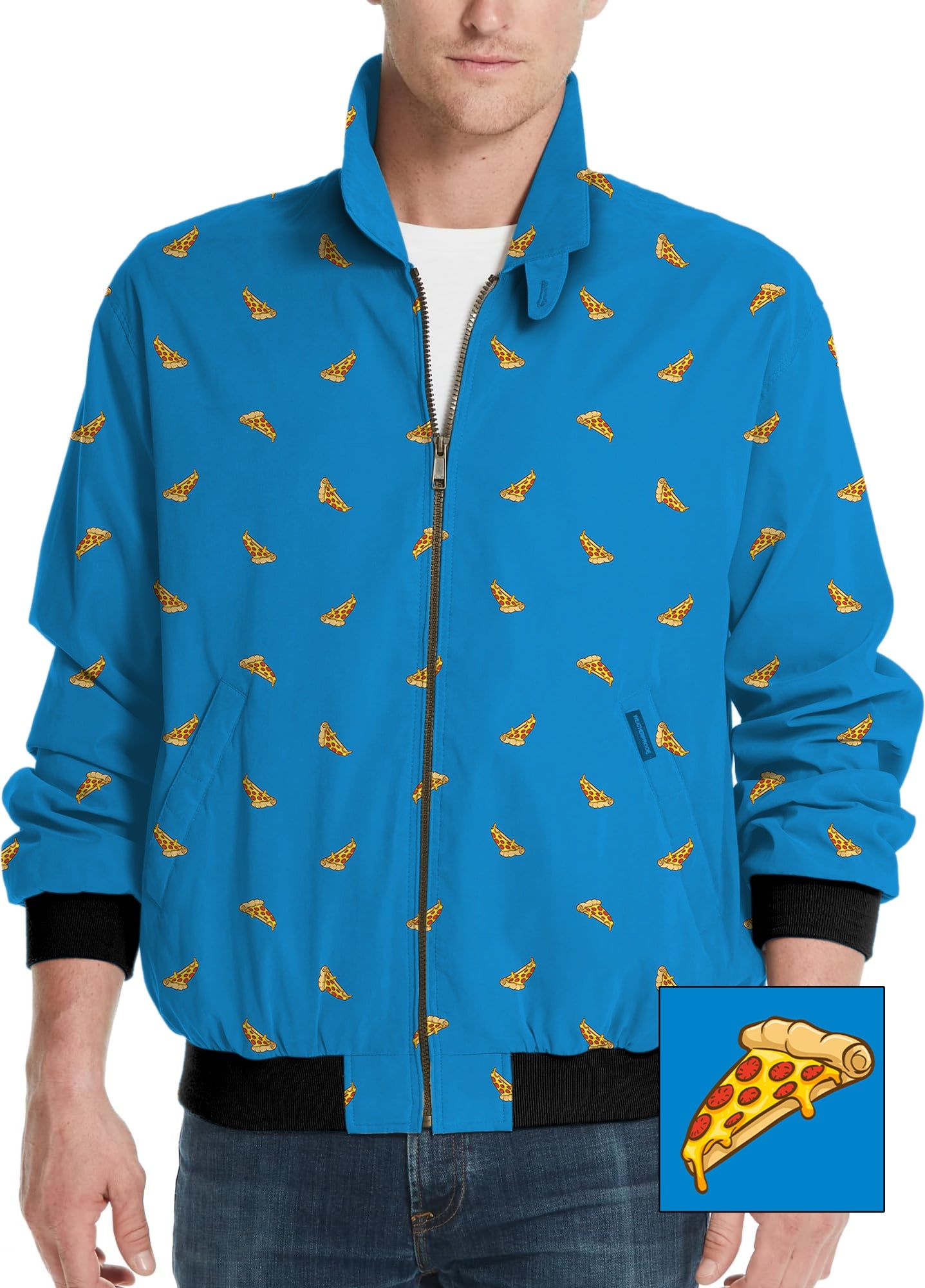 Men's golf windbreaker light jacket with blue background and white pizza custom pattern