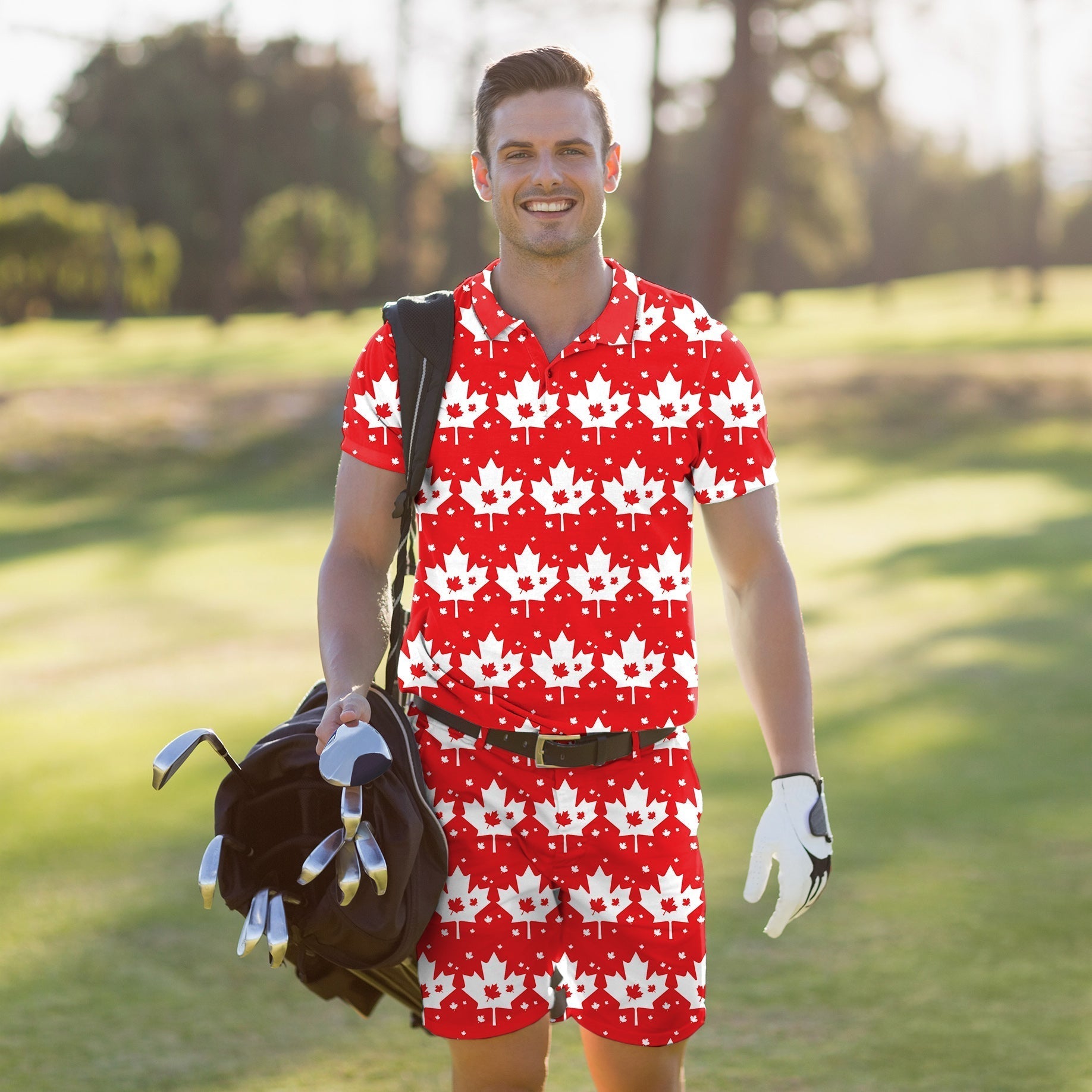 Men's golf set with Canadian maple leaf pattern polo and shorts, moisture-wicking, wrinkle-resistant, UPF 40+ protection, and four-way stretch fabric