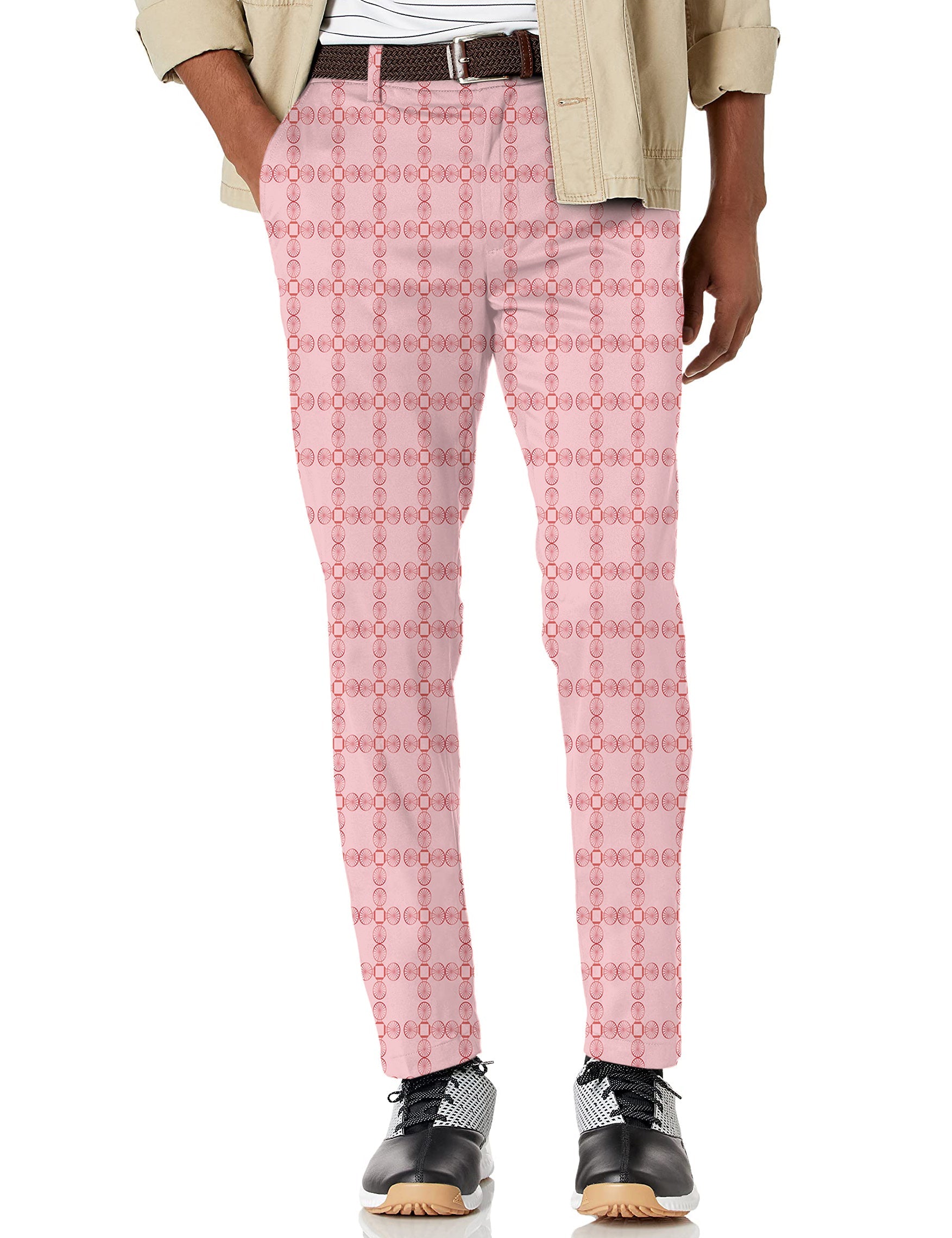 Men's limited edition pink geometric stretch golf pants with moisture-wicking fabric and active waistband