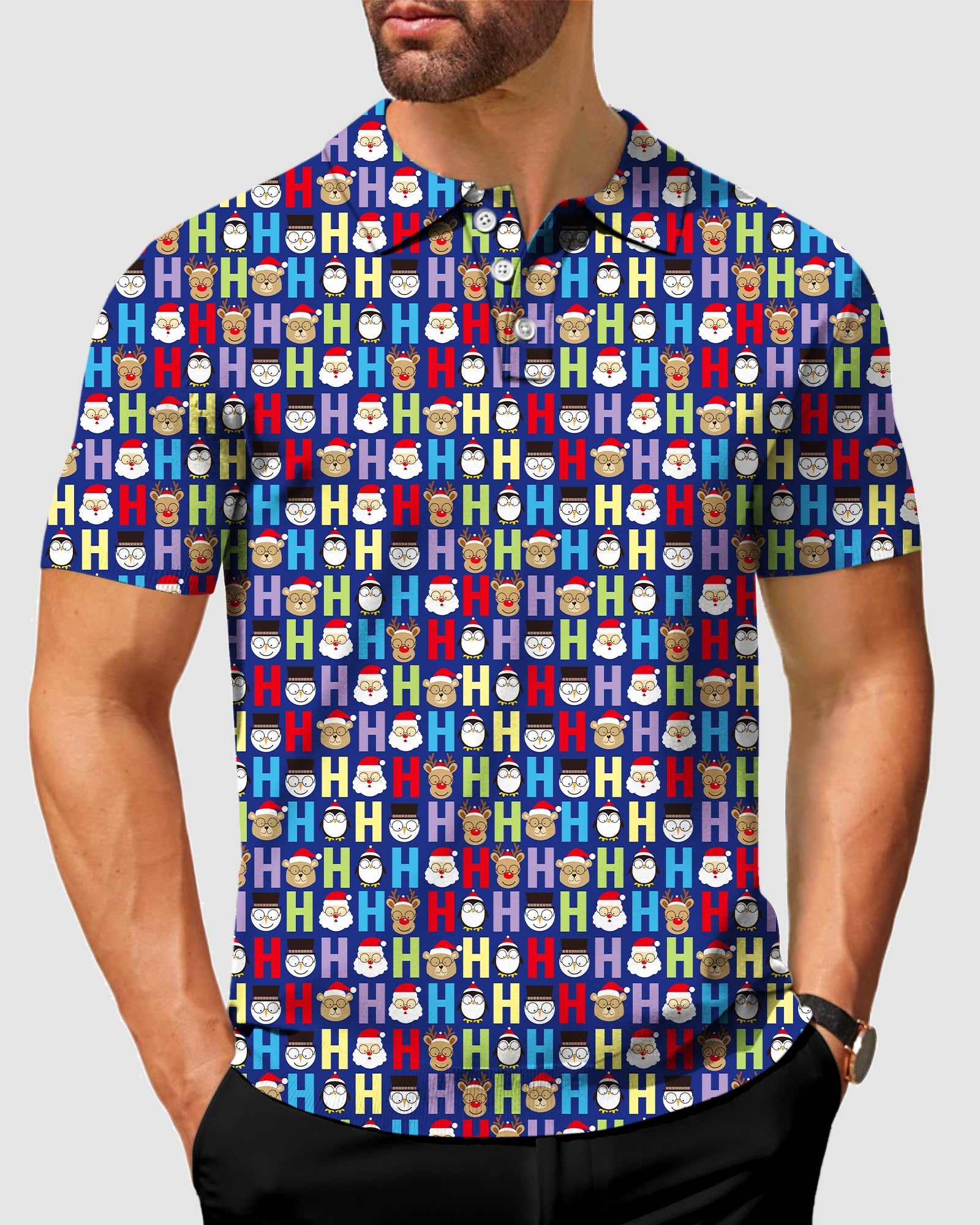 Men's Cartoon H Elk Christmas polo shirt with multicolor festive pattern, moisture-wicking and wrinkle-resistant fabric, classic fit, and UPF 40+ protection.