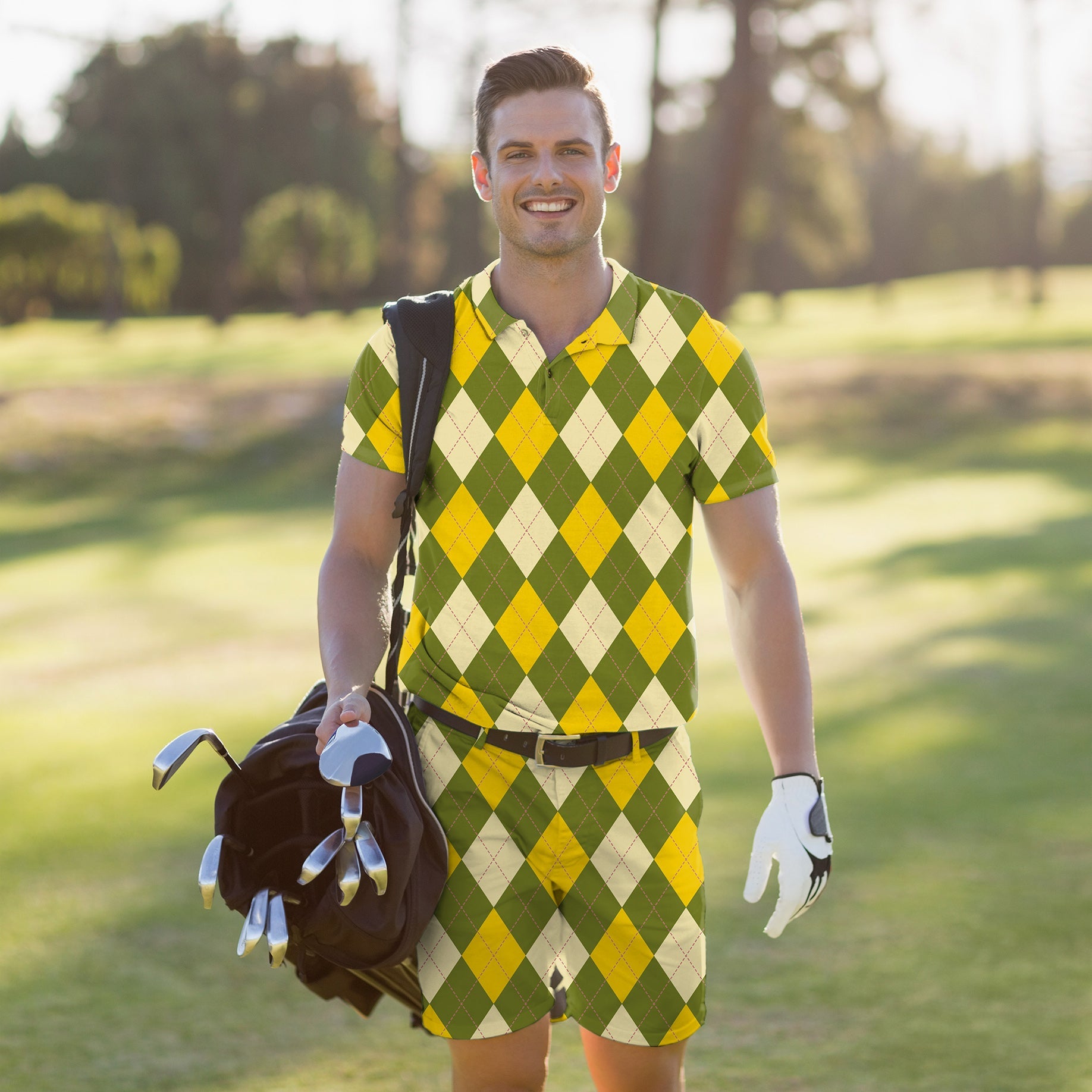 Men's golf set with yellow argyle polo and matching shorts, moisture-wicking and wrinkle-resistant fabric, UPF 40+ protection, classic fit with four-way stretch for comfort and mobility
