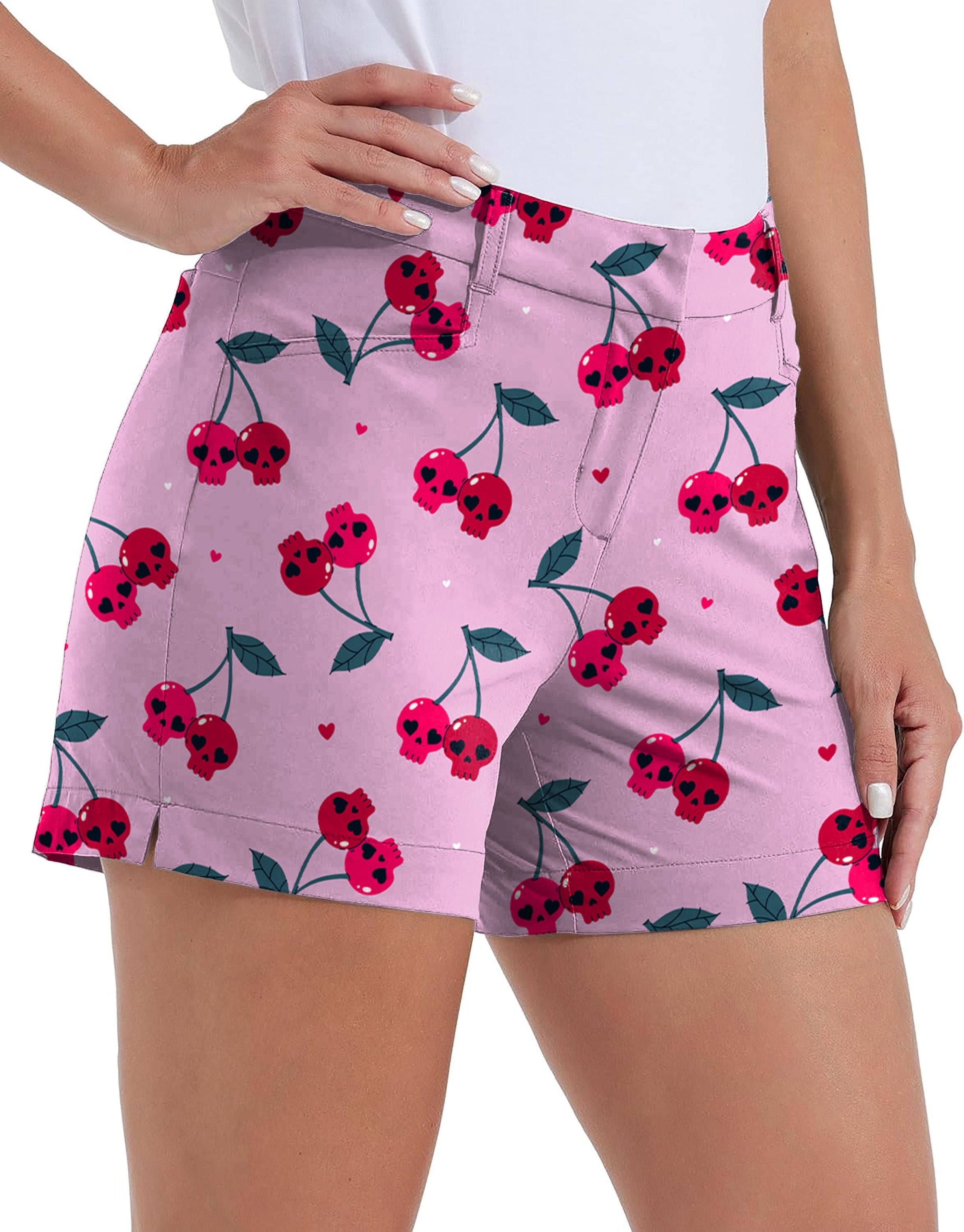 Women’s quick-dry Halloween Cherry Skull golf shorts with pockets and stretch fabric