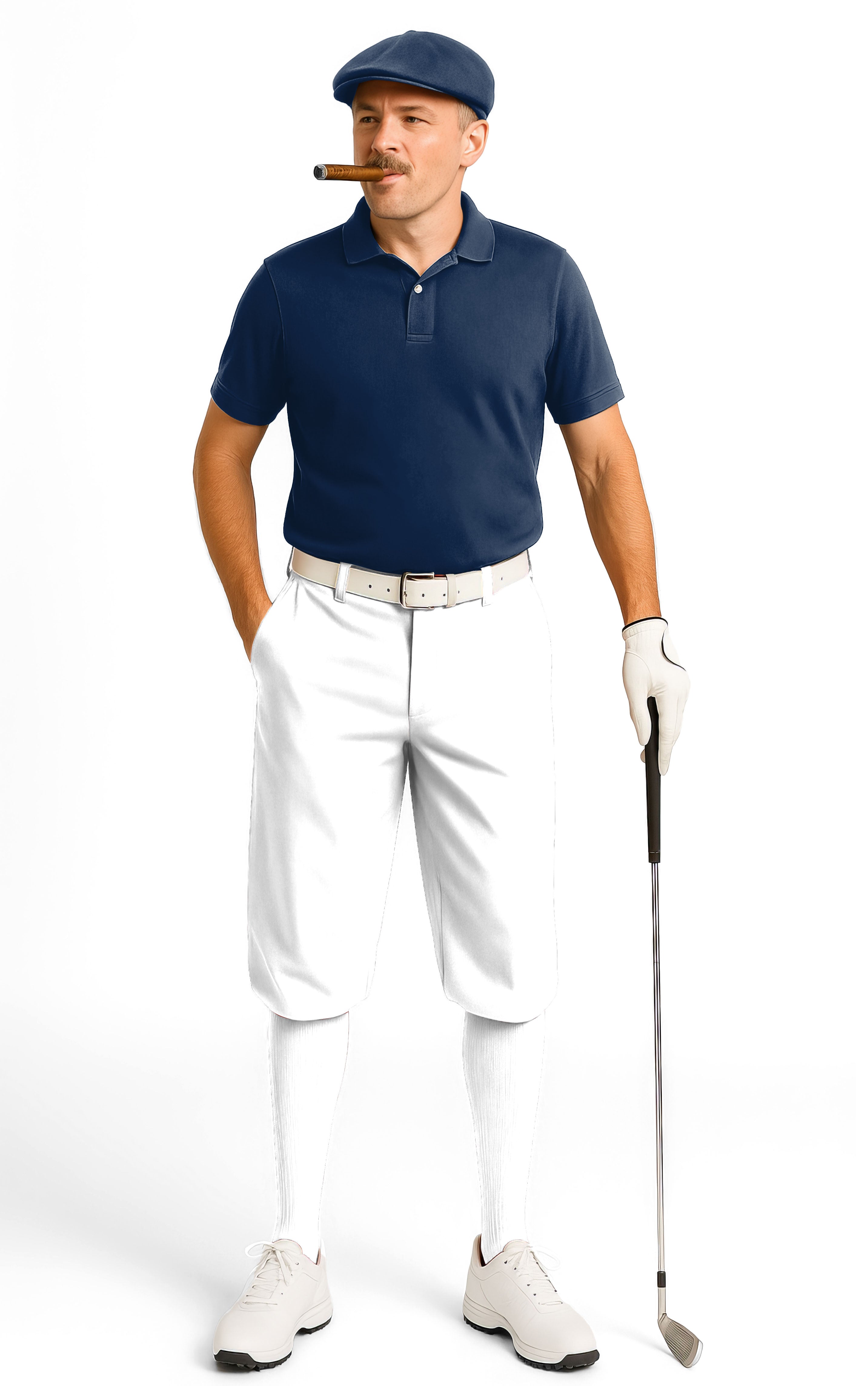 Men's golf knickers white pants with snug ankle cuffs, lightweight breathable fabric, and adjustable Velcro design.