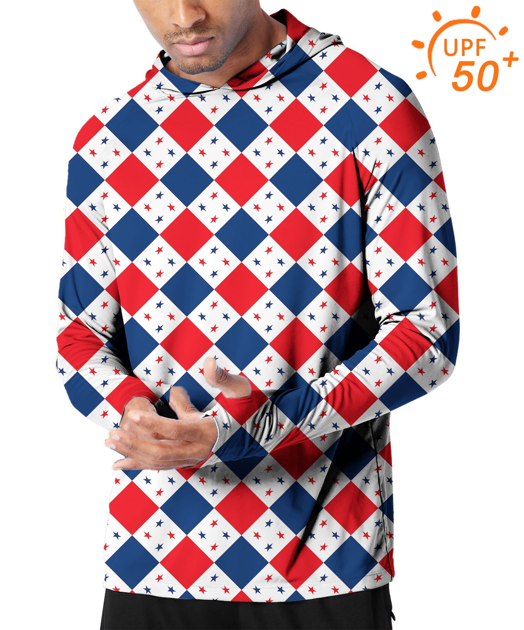 Men's outdoor argyle hoodie with US star flag print, UPF 50+ sun protection, slim fit, breathable fabric for golf and outdoor activities.