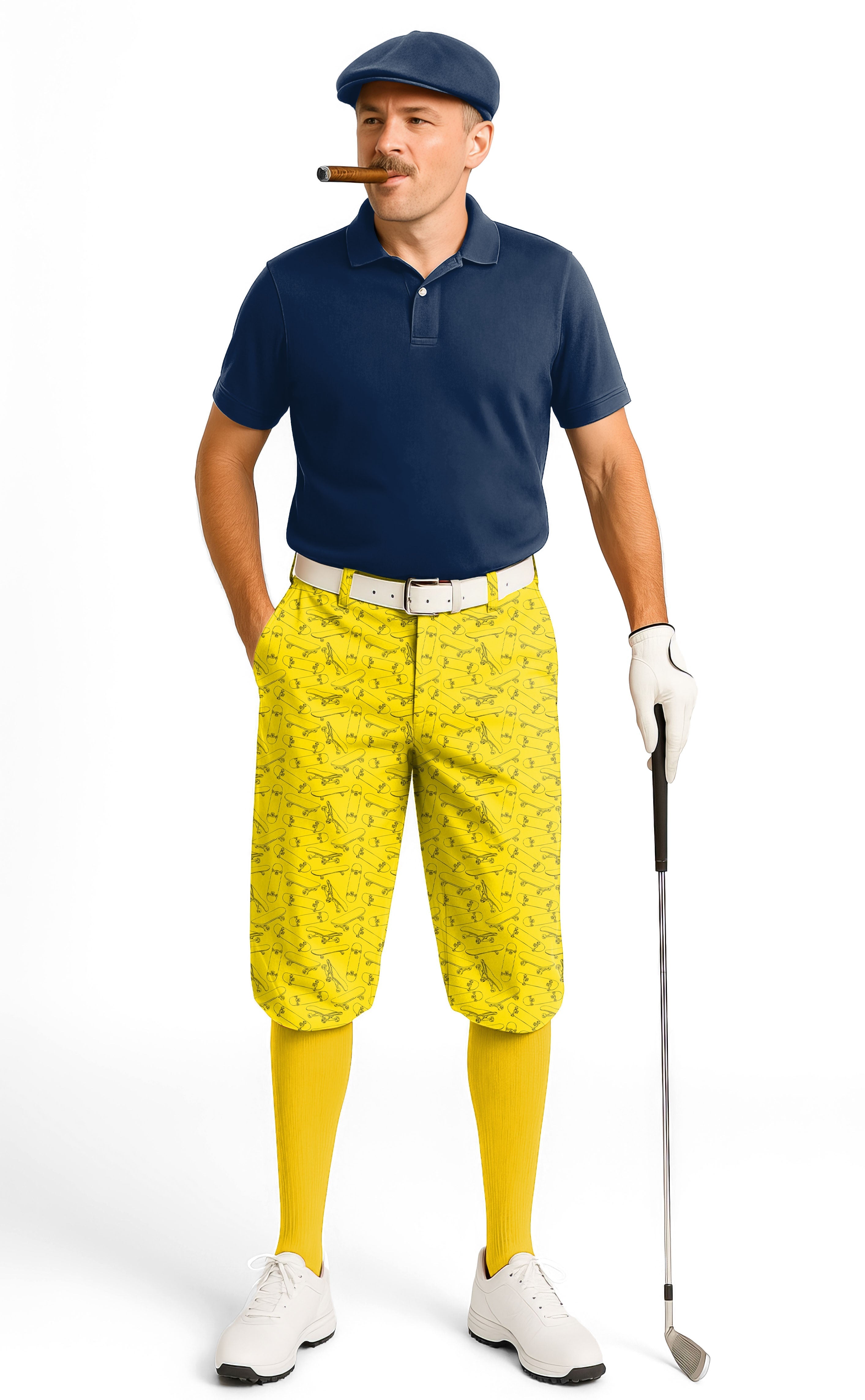 Man wearing yellow skateboard men's golf knickers with ankle cuffs and pattern, navy polo, white golf glove, and yellow knee-high socks holding a golf club.